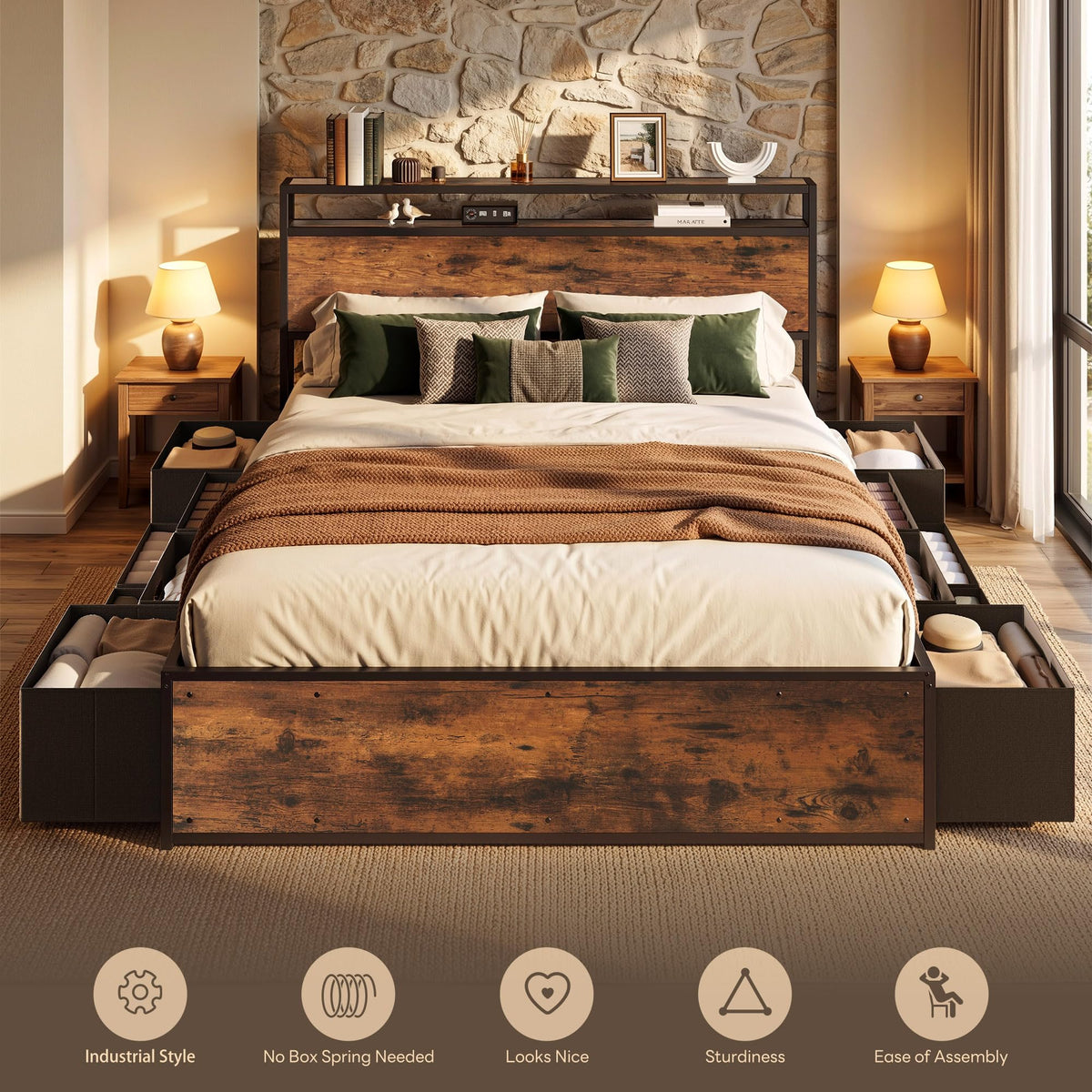 LIKIMIO Queen Size Bed Frame with 12 Storage Drawers and Headboard