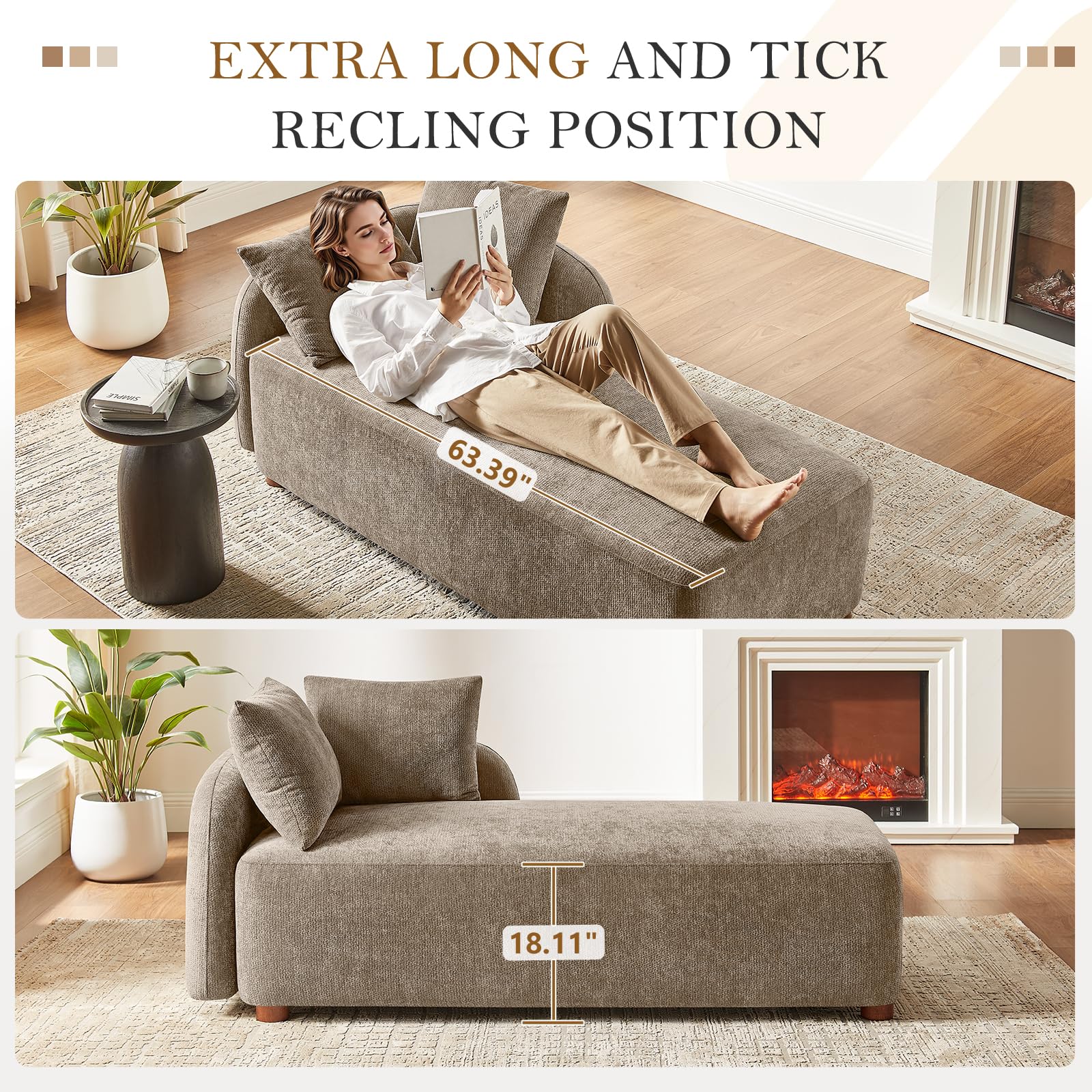 Arcrinte 68.9" Oversized Chaise Lounge Chair Indoor, Comfy Chenille Reading Chair Daybed, Upholstered Left Facing Sleeper Sofa with 2 Pillows, Lounge Sofa Chair for Living Room Bedroom