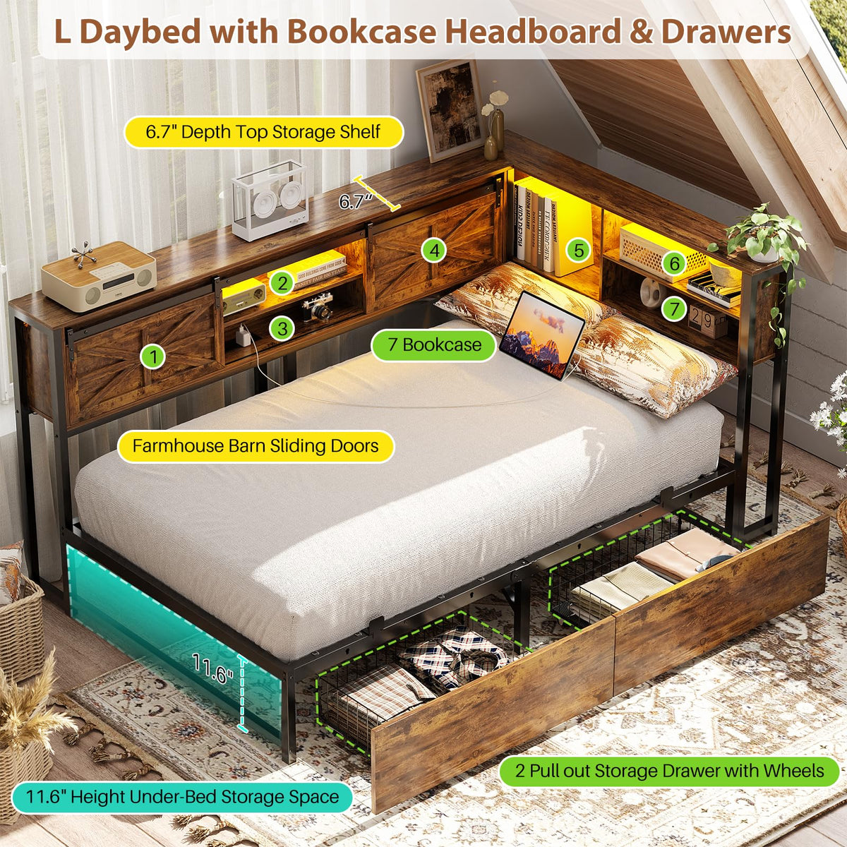 Homieasy Corner Bed Frame with Drawer, Storage Shelf, Bookcase, Outlet, LED