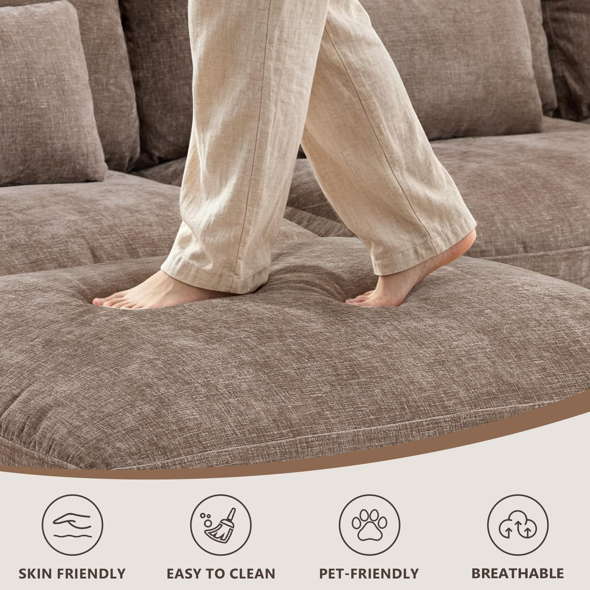Immulize Sectional Sofa, L Shaped Cloud Couch with Movable Ottoman, Brown