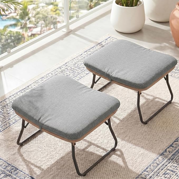 Outdoor Folding Wicker Ottomans with Cushion (Set of 2)
