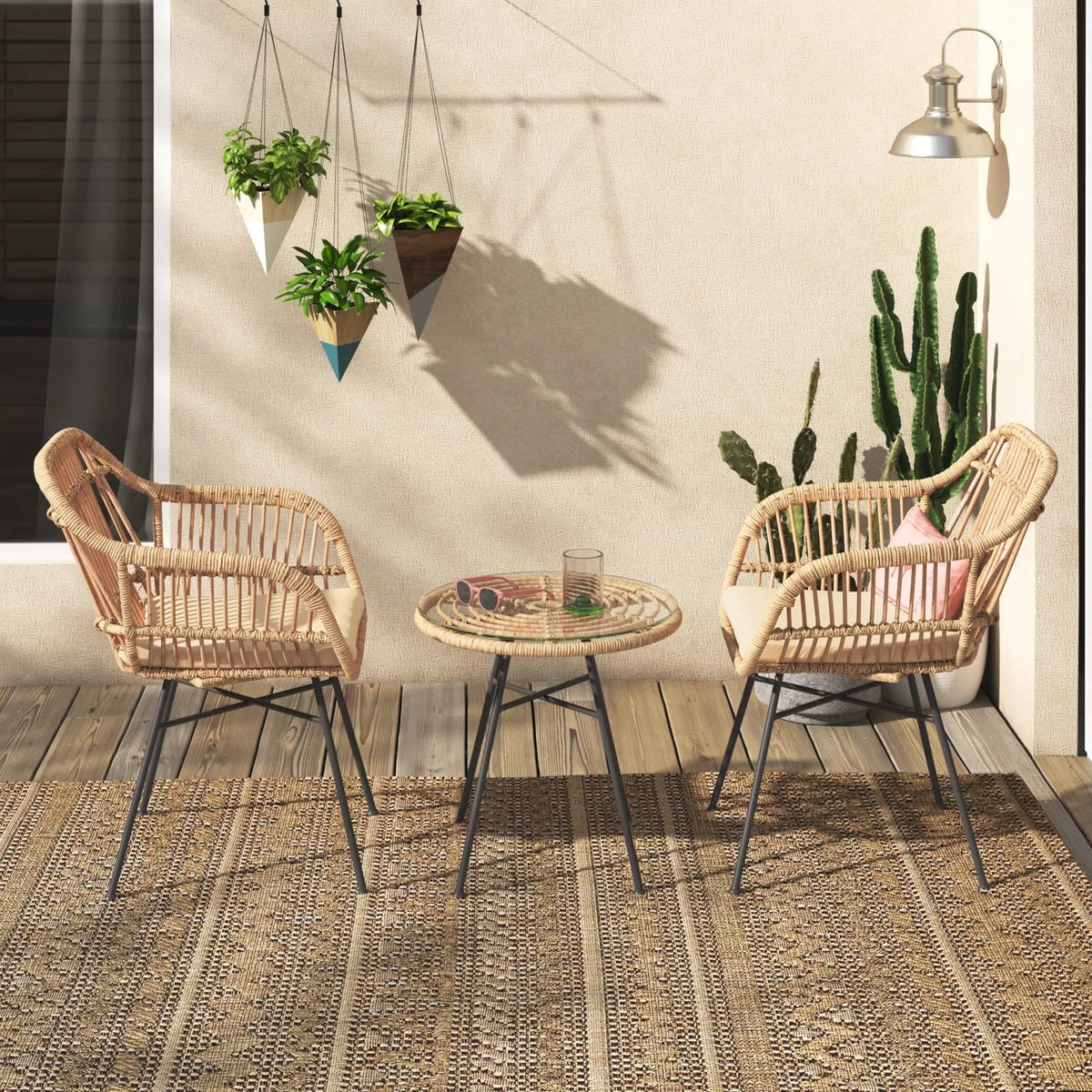 Barton 3pcs Outdoor Bistro Chair Set Patio Conversation Wicker Chairs Glass Table with Seat Cushions, Beige
