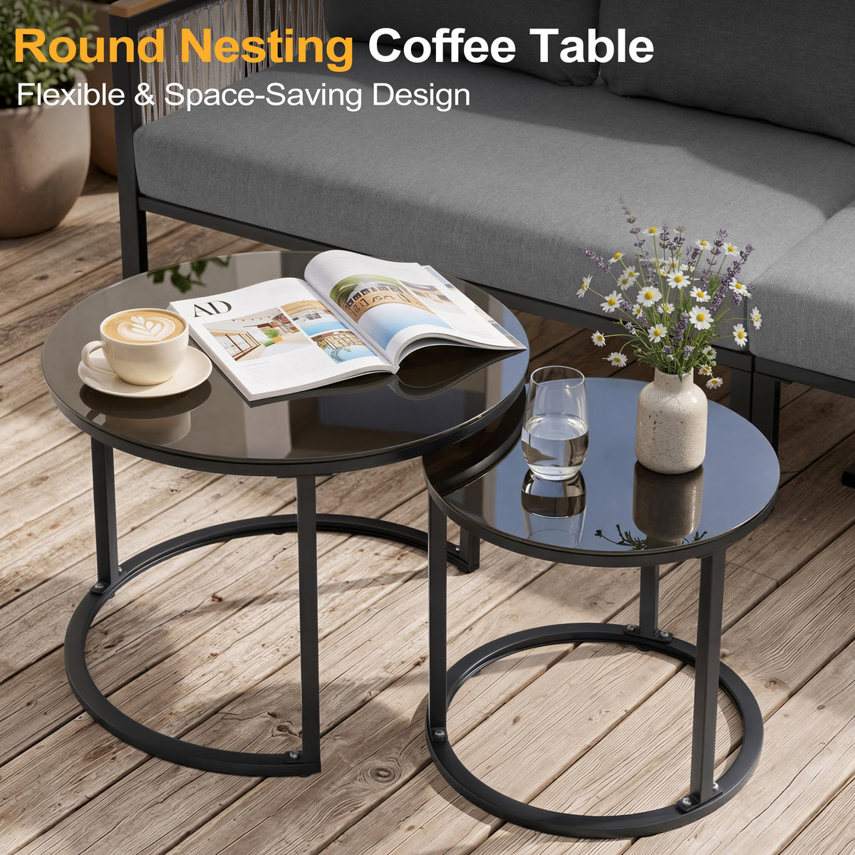 7 Piece L-Shaped Outdoor Sectional Wicker Sofa with Nesting Coffee Table