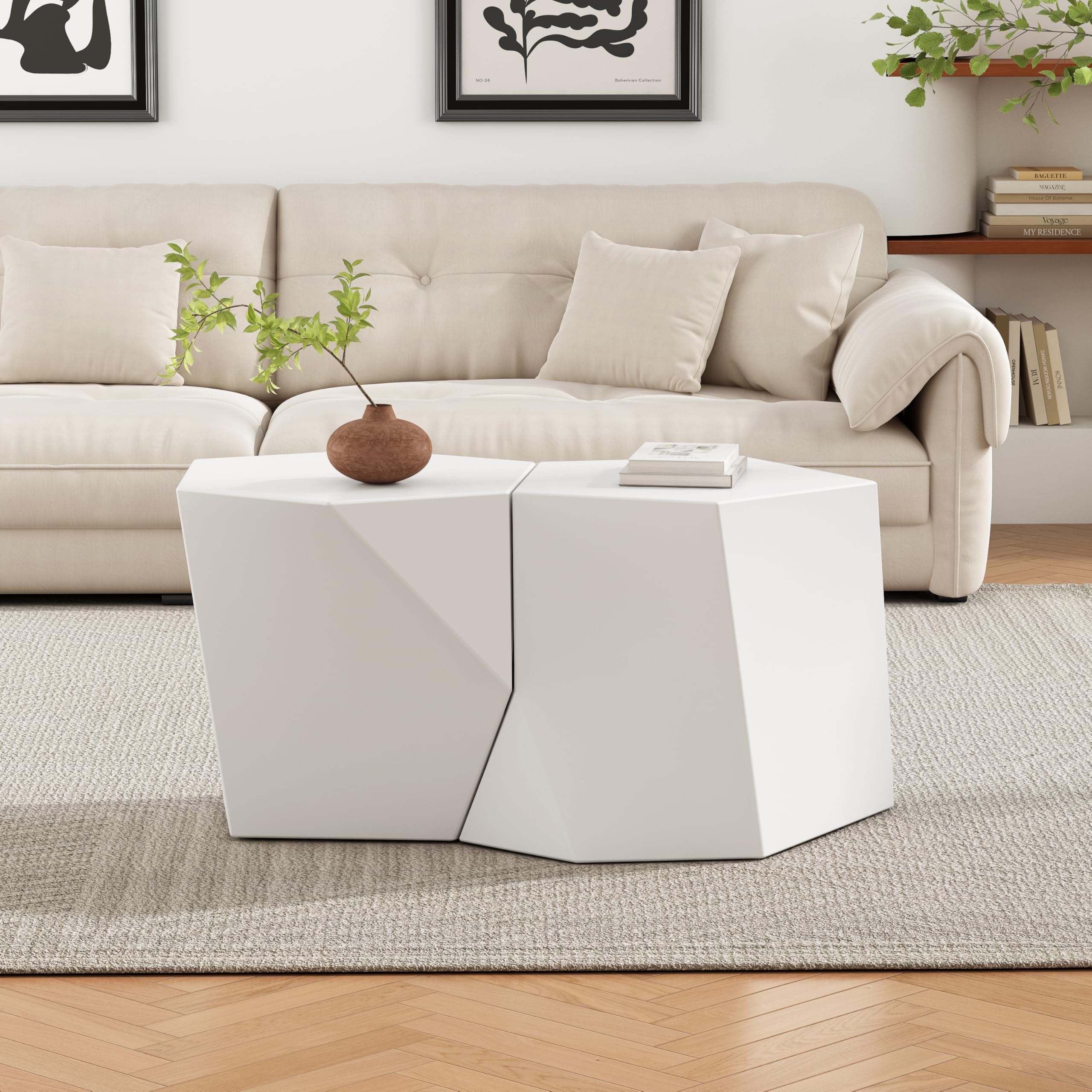 Christopher Knight Home Skyles Coffee Table Set of 2, Geometric Lightweight Concrete Patio End Table, Contemporary Home Decor, Flexible Indoor Outdoor Coffee Tables, No Assembly Required, White