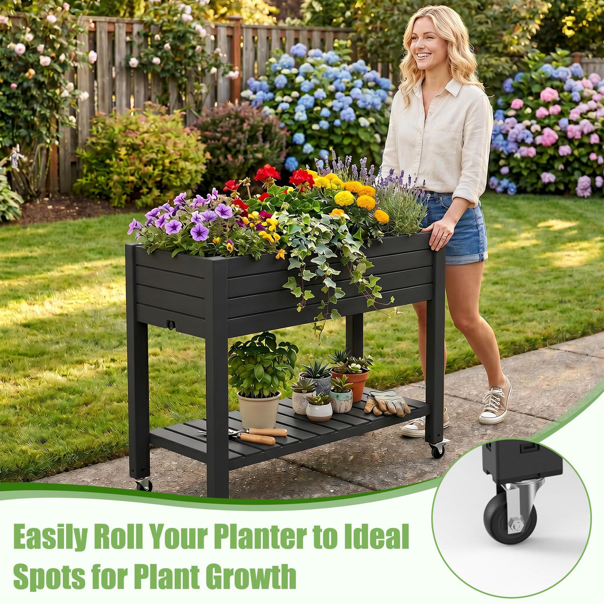 EFU Raised Garden Beds Outdoor, with Wheels & Extra Storage Shelf