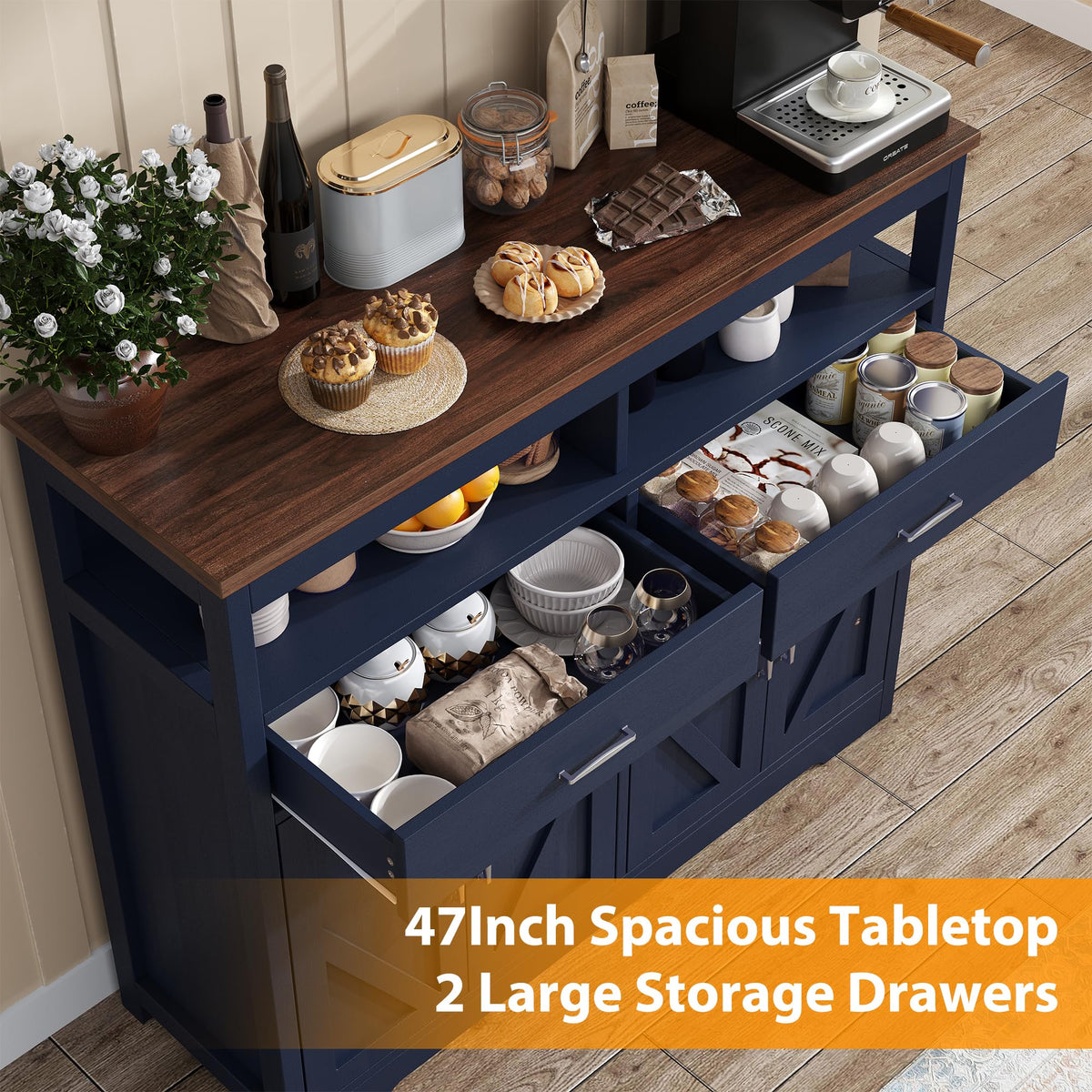 knoworld Sideboard Buffet Cabinet with Storage & Shelves, Farmhouse Kitchen Storage Cabinet Wood Coffee Bar Sideboard Cabinet with 4 Doors for Kitchen, Living Room, Entryway, 47" W Blue