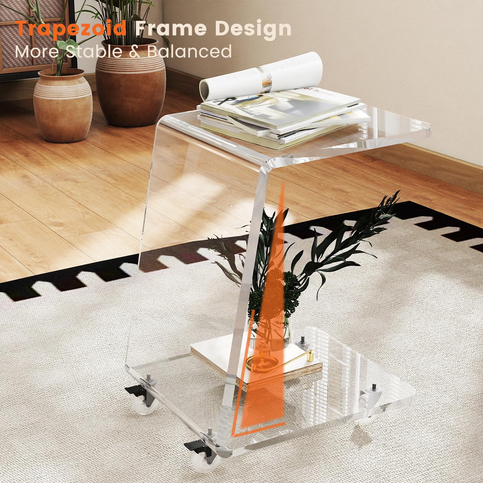 Modern Acrylic Side Tables Set of 2, 15mm Thick Clear Lucite End Tables with Wheels for Living Room & Bedroom, Luxury C-Shaped Rolling Sofa Tables, Heavy Duty Contemporary Furniture