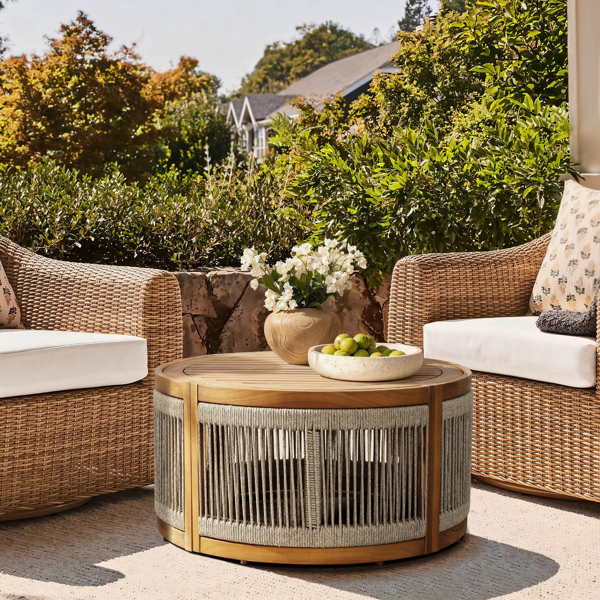 Round Acacia Wood & Rope Outdoor Coffee Table