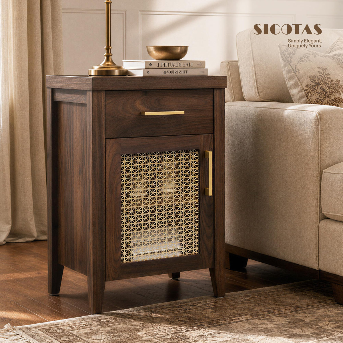 Walnut Nightstands with Drawer, Set of 2