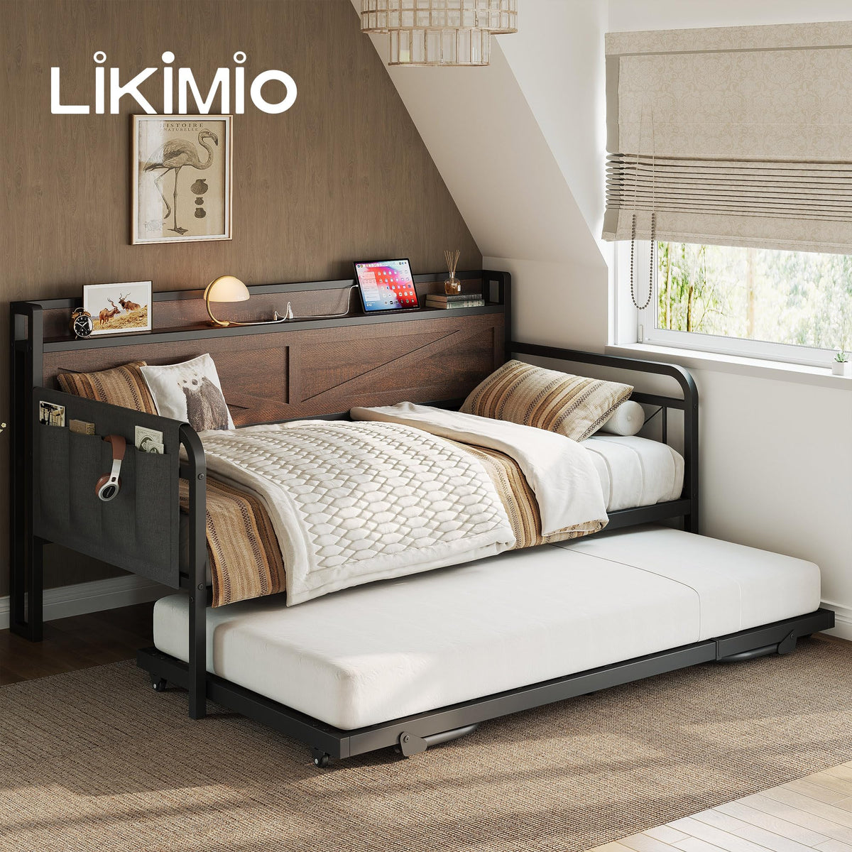 LIKIMIO Twin Daybed with Pop Up Trundle & Charging Station & Storage Shelf