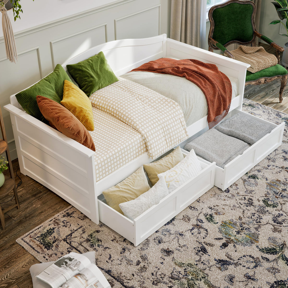 AFI, Acadia Twin Wood Daybed with 2 Storage Drawers, White