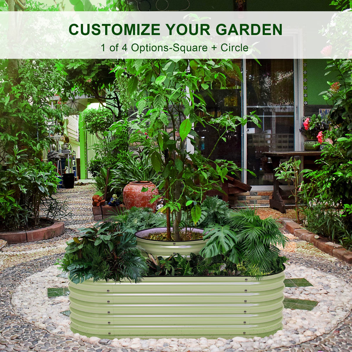 Olle 4-Style Modular Galvanized Raised Garden Beds Outdoor Easy Quick Setup, 17" Tall, 4-in-1 Metal Planter Boxes Outdoor for Flowers Vegetables Fruits Herbs DIY Gardening, Sage Green