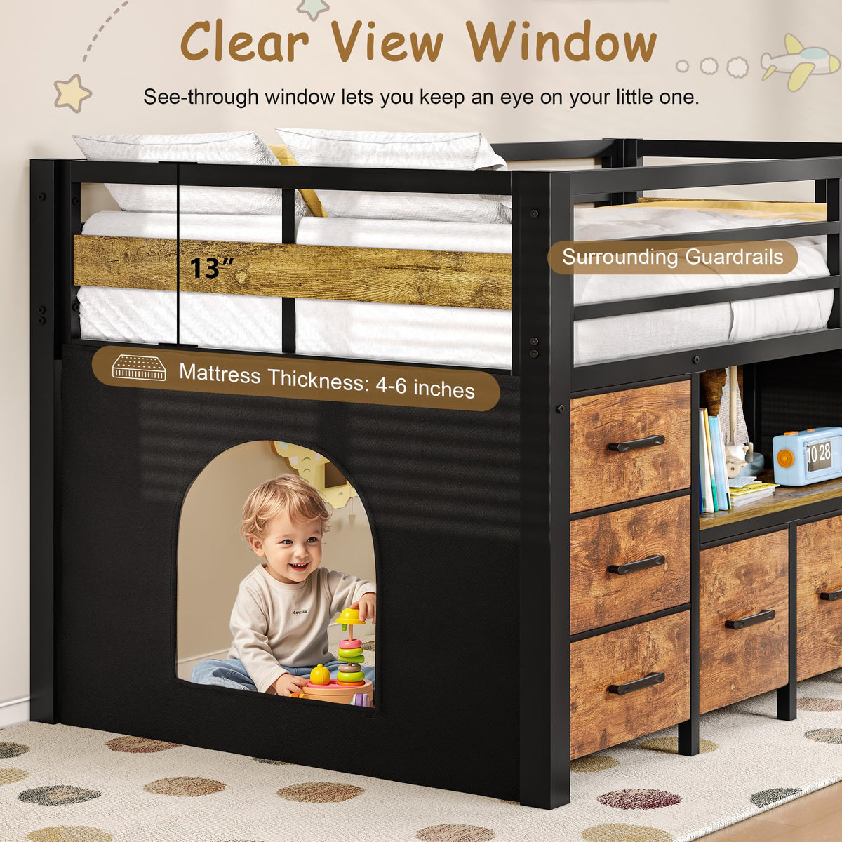 Feonase Low Loft Bed Twin Size with 8 Storage Drawers, Twin Loft Bed with Bookcase, Metal Kids Loft Bed with 13" H Safety Guardrail, Under-Bed Play Space and Play Curtain for Kids, Rustic Brown