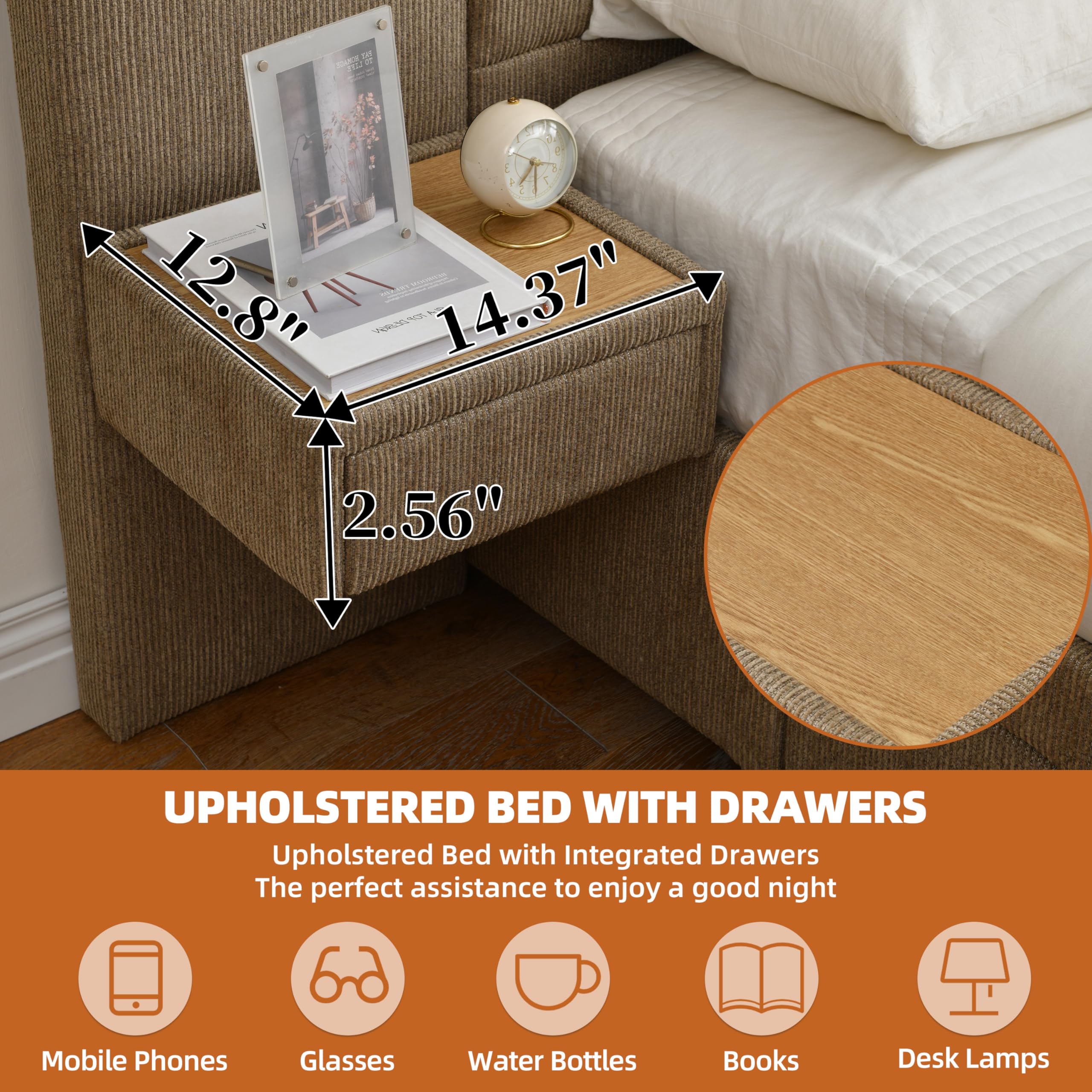 Queen Size Platform Bed Frame with 2 Built-in Nightstands, Wood Bed Frame with 2 Storage Drawers, Luxury Bed Frame with Chenille Upholstered Headboard, Easy Assembly, No Box Spring Needed, Brown