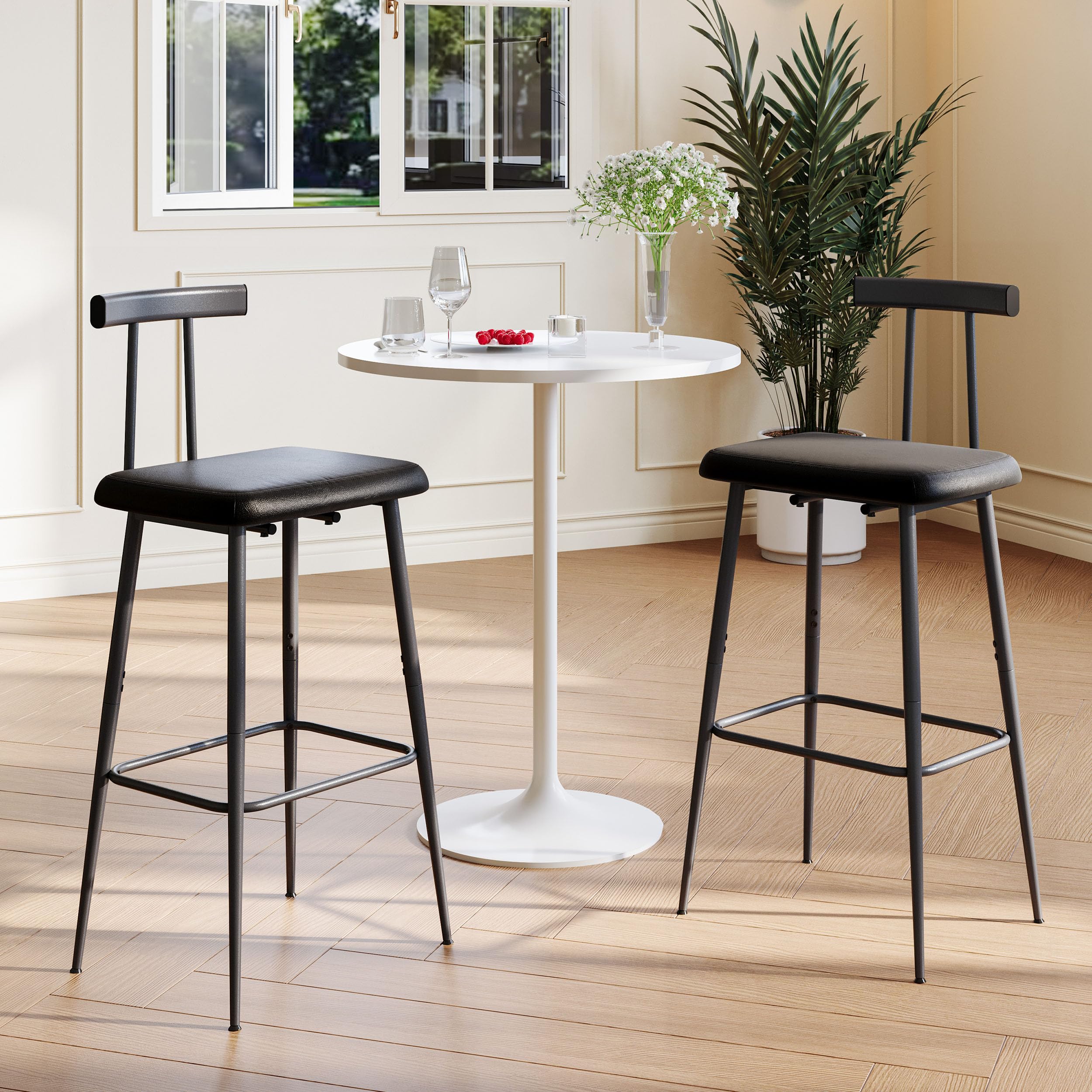 YAUKTAK Bar Stools Set of 2, Tall Bar Stools with Backrest and Footrest, Counter Height Bar Chairs, Industrial Barstools with PU Leather Cushion, for Kitchen, Dining Room, Bar, Cafe (Black) KBS515B
