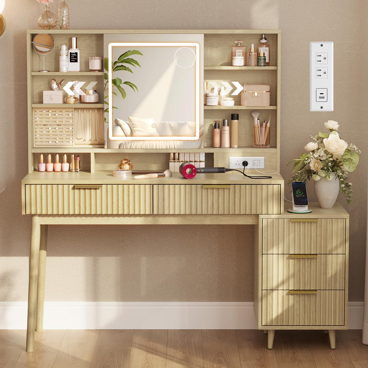 Fluted Vanity Desk with Lighted Sliding Mirror