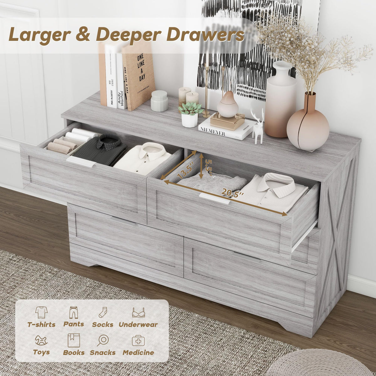 Modern Dressers & Chests of Drawers, Wide TV Stand for Bedroom, Wash Grey