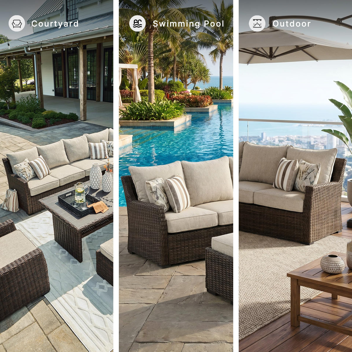 3-Piece Wicker Patio Sectional with Bench