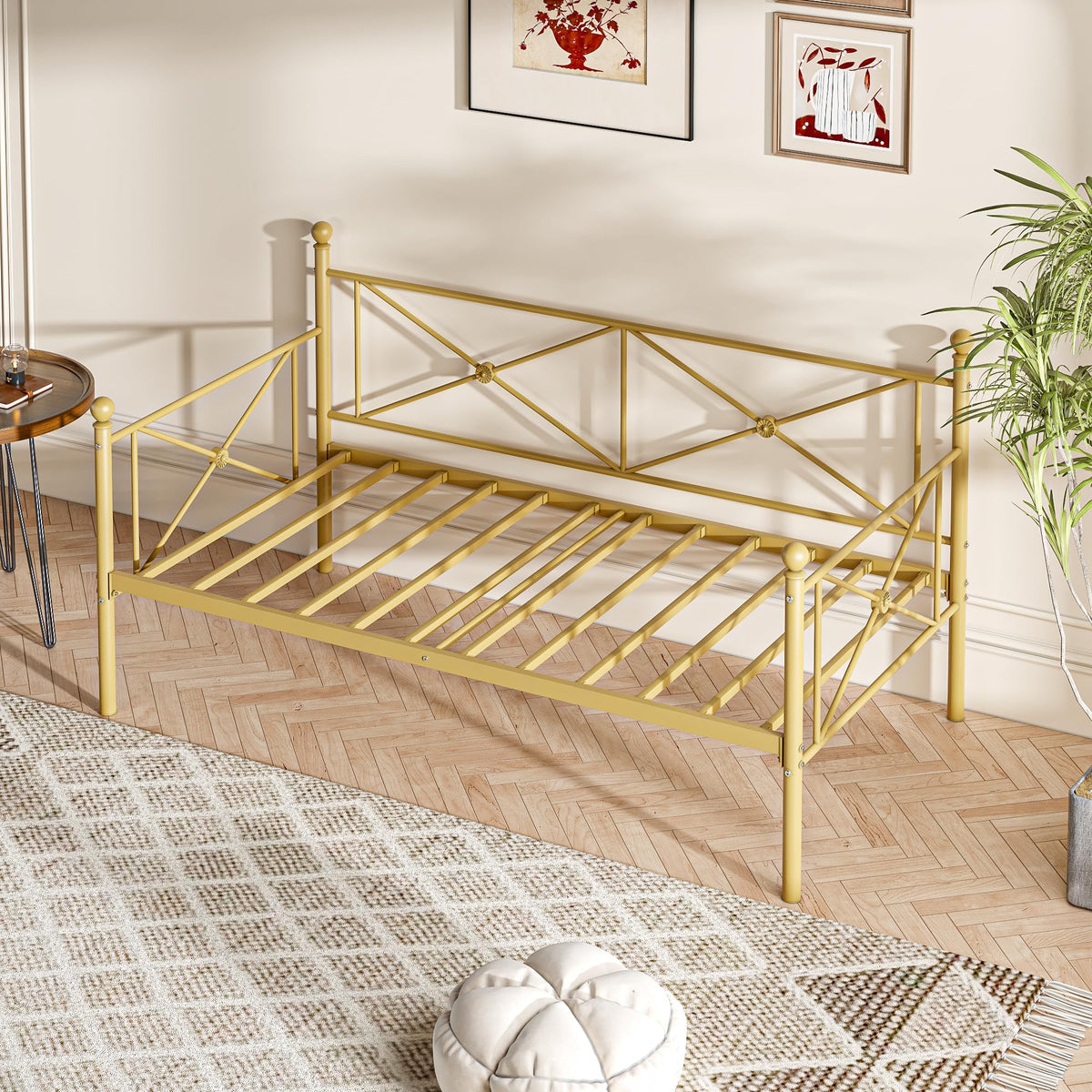 VECELO Daybed Twin Size, Day Bed Frame with Headboard, Heavy-Duty Metal Slats Support Platform for Living Room, Guest Room, Easy Assembly, Gold