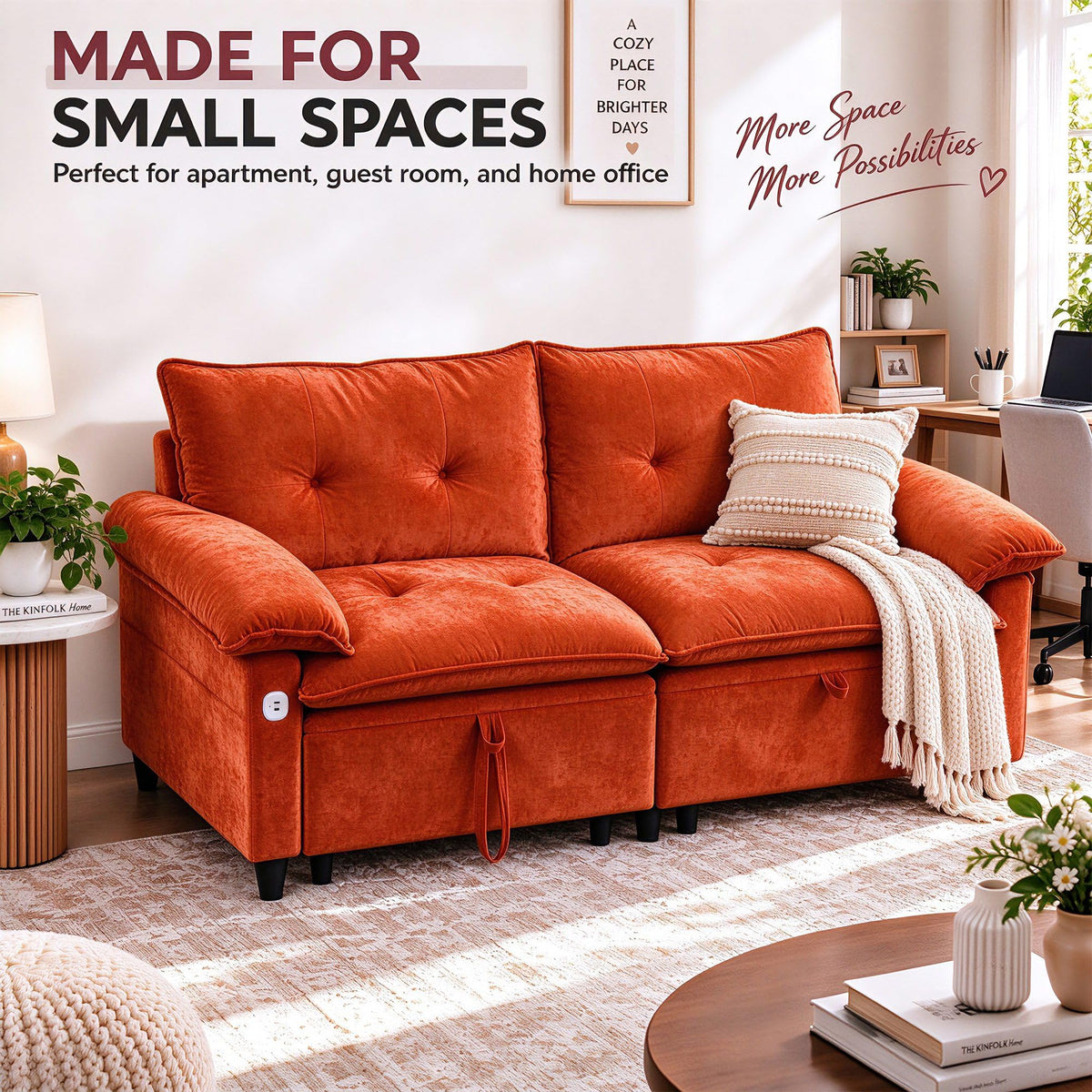73 Inch Queen Sleeper Sofa Bed, 3 in 1 Convertible Pull Out Loveseat, Chenille Upholstered Sofa with USB Charging Ports & Side Storage Pockets, Modern Small Couch for Apartment, Living Room (Orange)