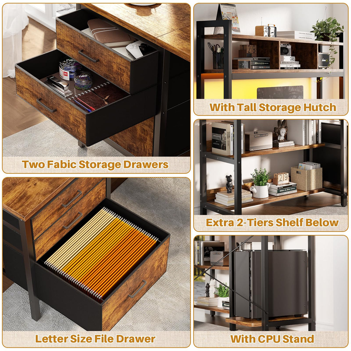 L-Shaped LED Desk with Hutch