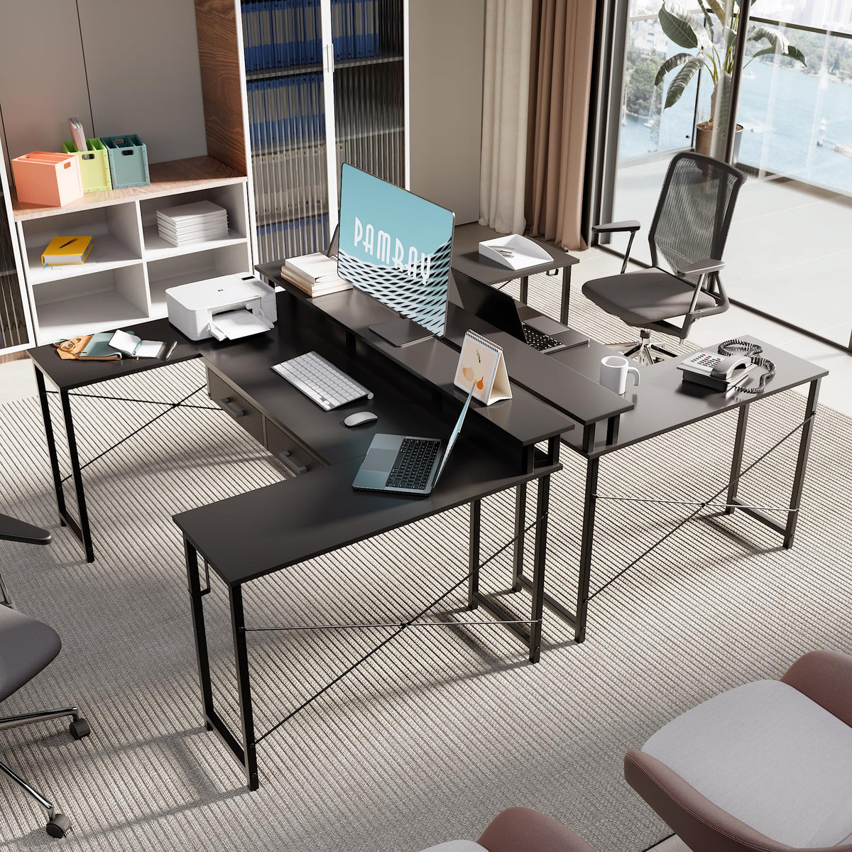 Pamray 55 Inch Gaming Desk with Drawers U Shaped Large Computer Desk