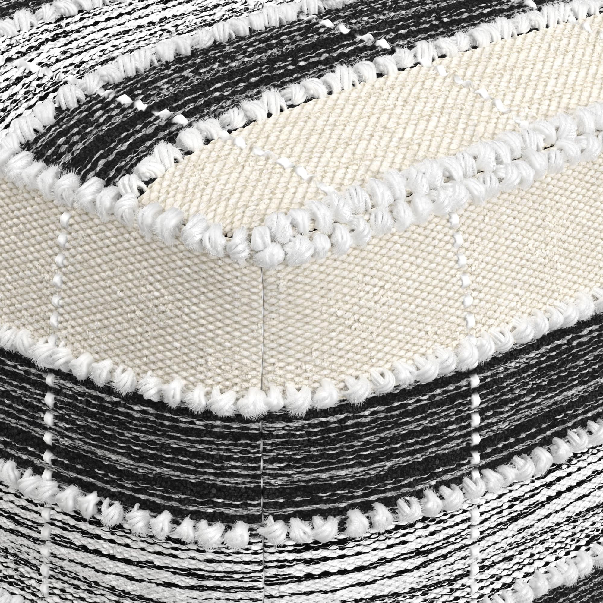 SIMPLIHOME Barley Square Pouf - 18 inch Wide Handcrafted Woven Polyester Pouf in White, Beige and Black, Boho Footstool or Extra Seating for Living Room or Patio with Polystyrene Filling, Assembled
