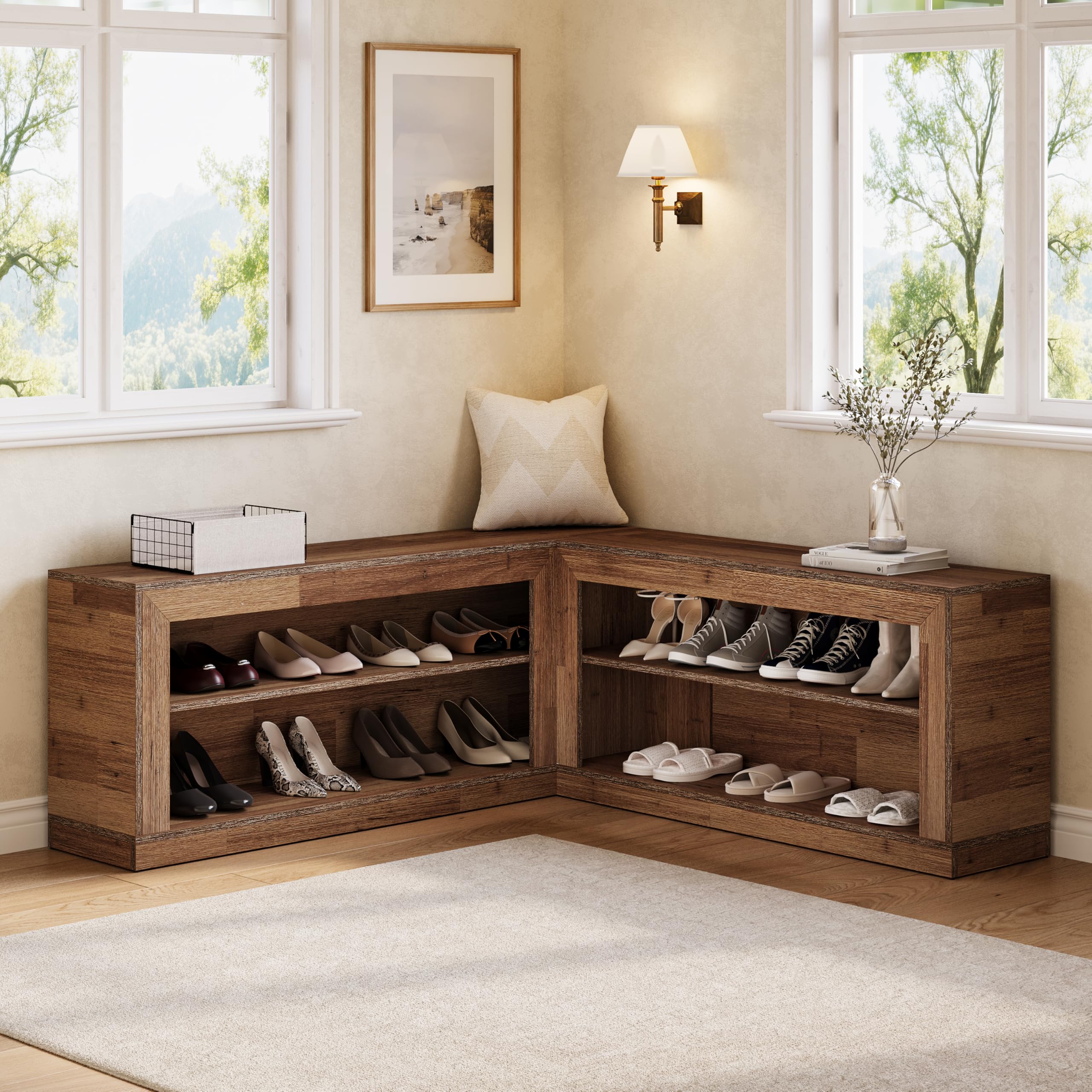 L-Shaped Corner Shoe Bench with Open Storage Shelves