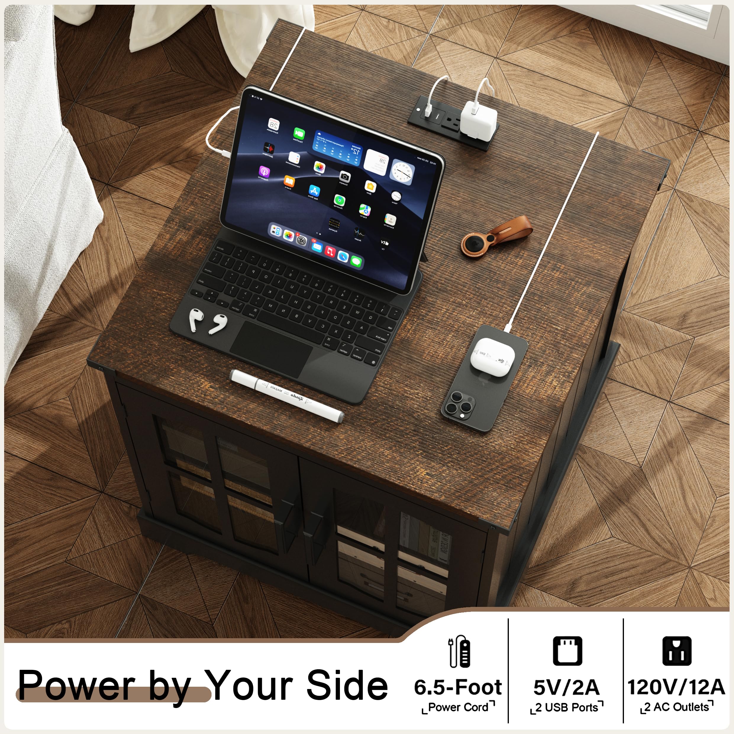 Rustic End Table with Charging Station & LED Light