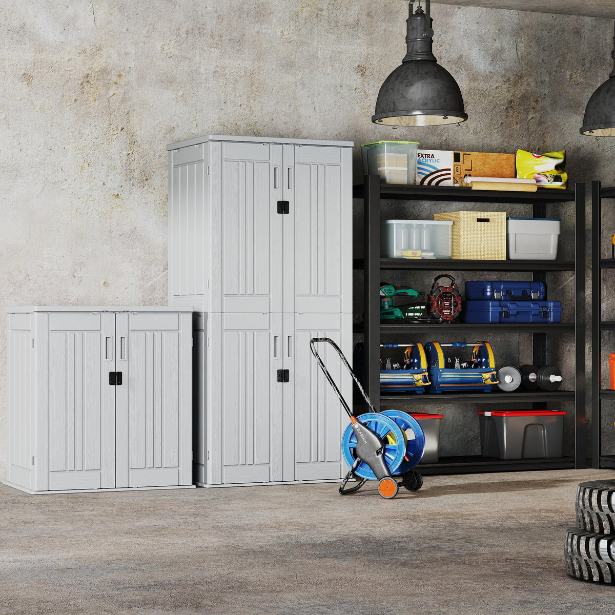 EHHLY Heavy Duty Small Storage Cabinet Outdoor Weatherproof, 14 Cuft Garage Storage Cabinet with 2 Adjustable Shelves, Lockable Kitchen Pantry Closer Organizer, 31Wx23Lx34H, Polar White