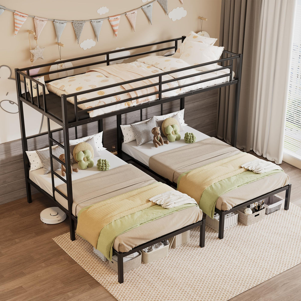 Metal Triple Bunk Bed with Charging Station