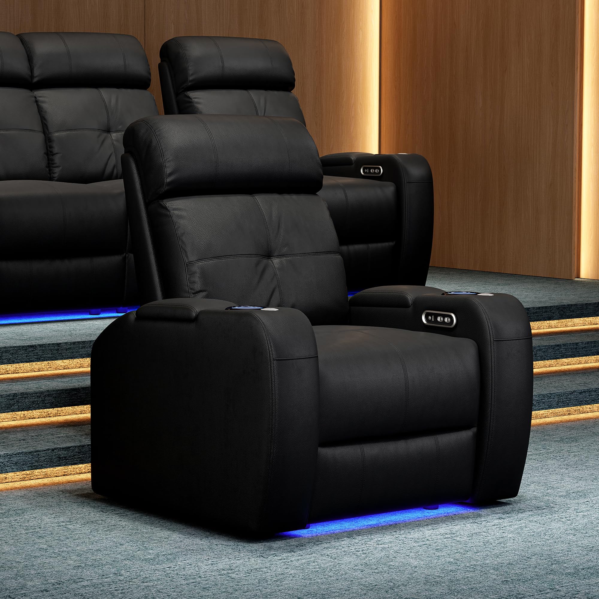 Valencia 2025 Verona Power Headrest Home Theater Seating – Top Grain Nappa Leather 9000 – Power Adjustable Headrest, USB-C Fast Charging, LED Cup Holders (Row of 3, Black)