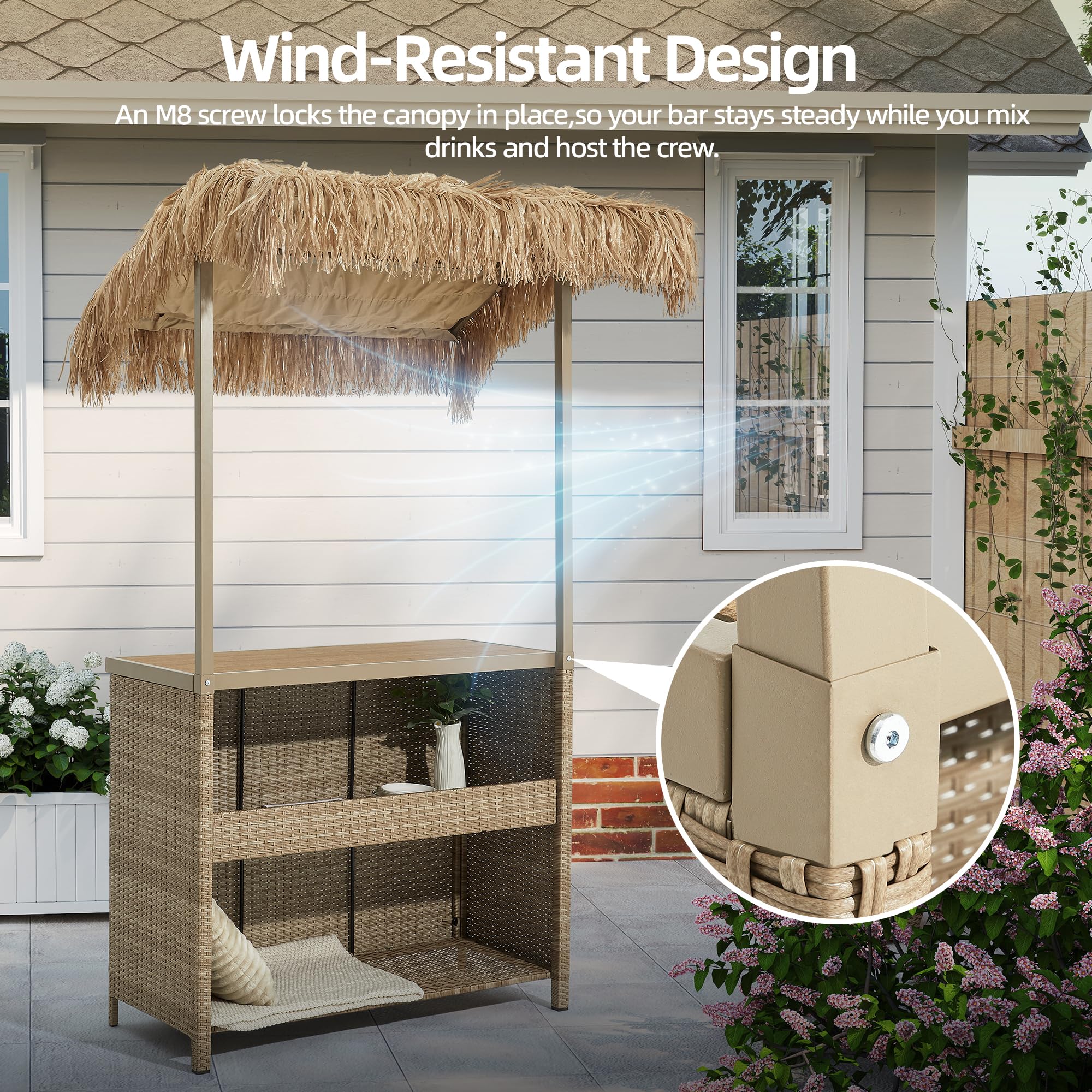 Mvpipi Outdoor Tiki Bar Set, 3 Pieces All-Weather Wicker Patio Bar Set with 2 Height Stools and Storage, Outdoor Bar Set for Outside Patio, Garden, Backyard,Yellow