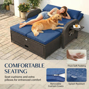Outsunny Patio Rattan Daybed, Wicker Outdoor Daybed with Storage Ottoman, Loveseat Sofa with Adjustable Backrest, Side Tables, Cushions, Headrests, Double Sunbed Lounger for Balcony, Navy Blue