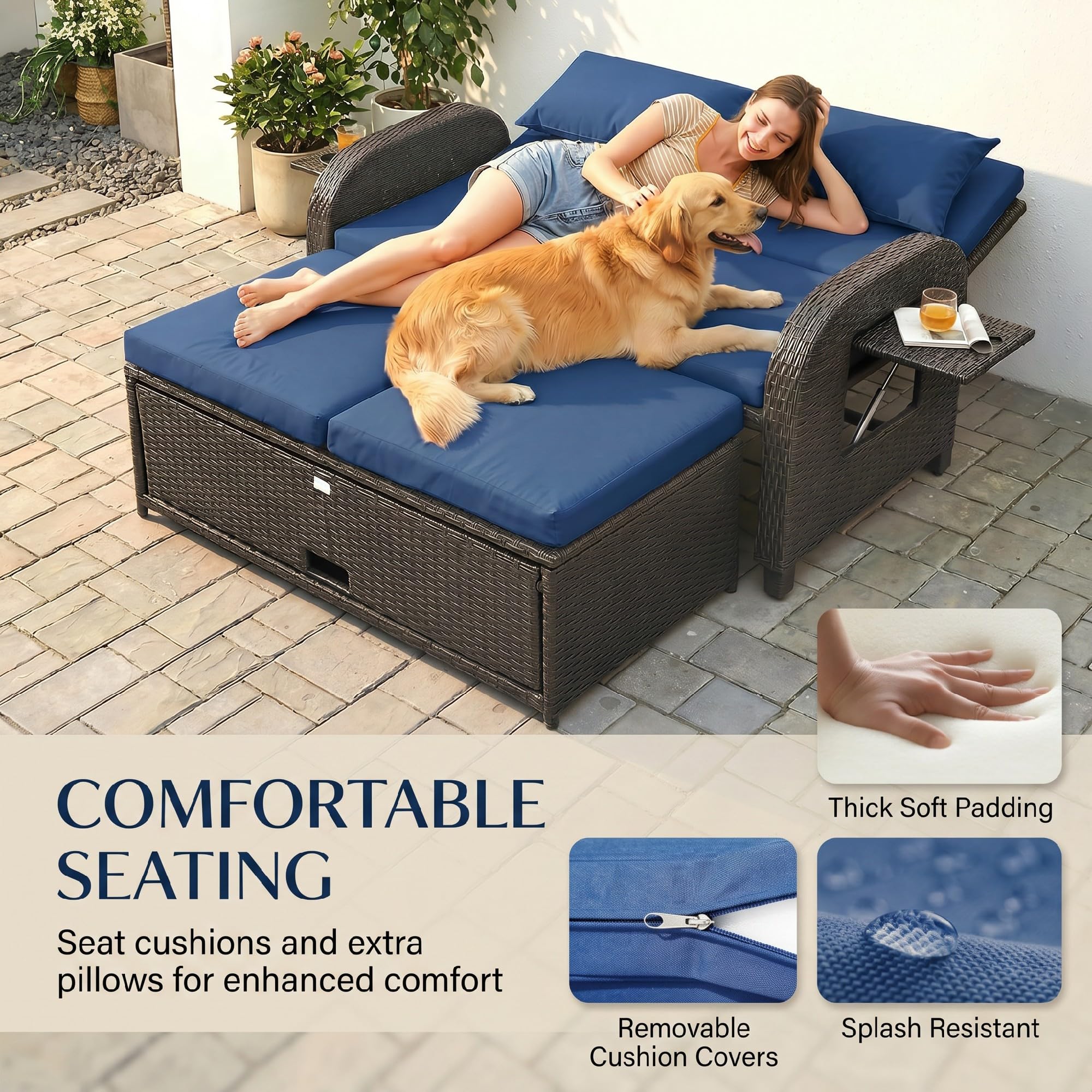 Outsunny Patio Rattan Daybed, Wicker Outdoor Daybed with Storage Ottoman, Loveseat Sofa with Adjustable Backrest, Side Tables, Cushions, Headrests, Double Sunbed Lounger for Balcony, Navy Blue
