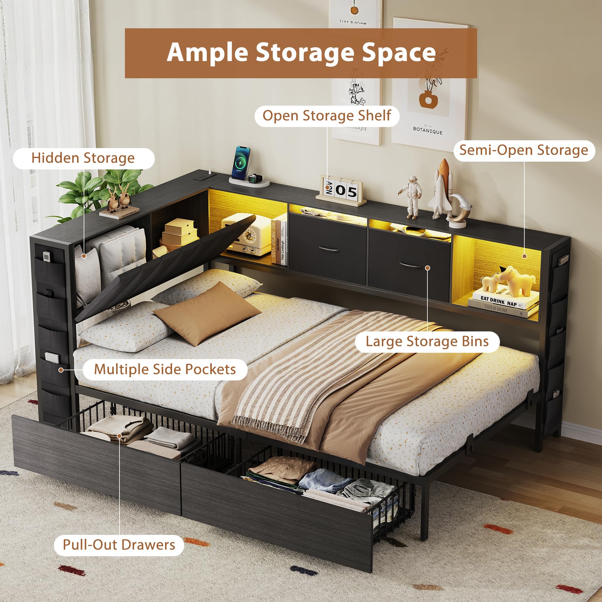 L-Shaped Corner Bed Frame with Storage & LED