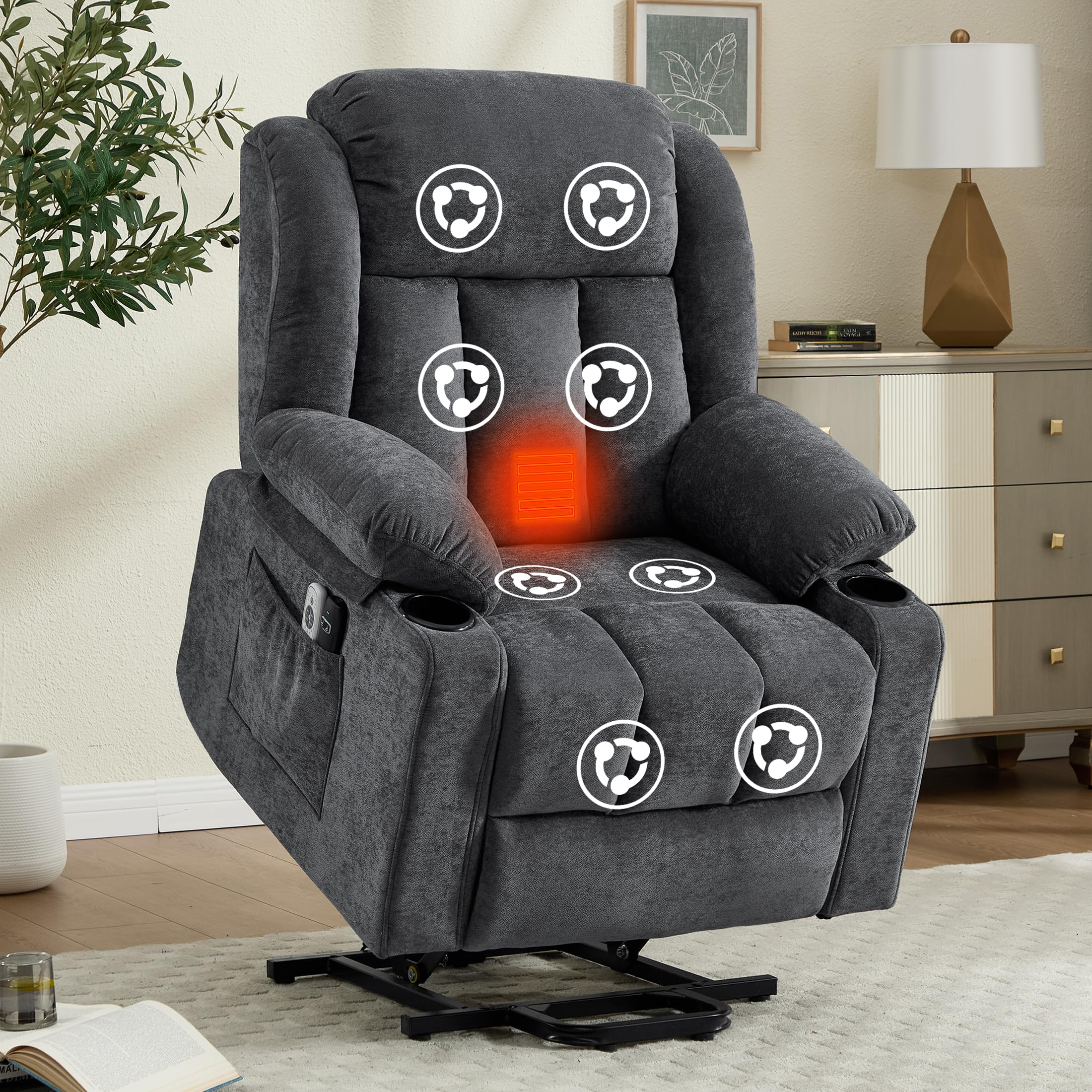 Sftaiyou Power Lift Recliner for Elderly,Electric Recliner Chair with Massage & Heating for Adults, USB Charging, Cup Holders, Side Pocket, Living Room Sofa L1288 (Dark Grey)