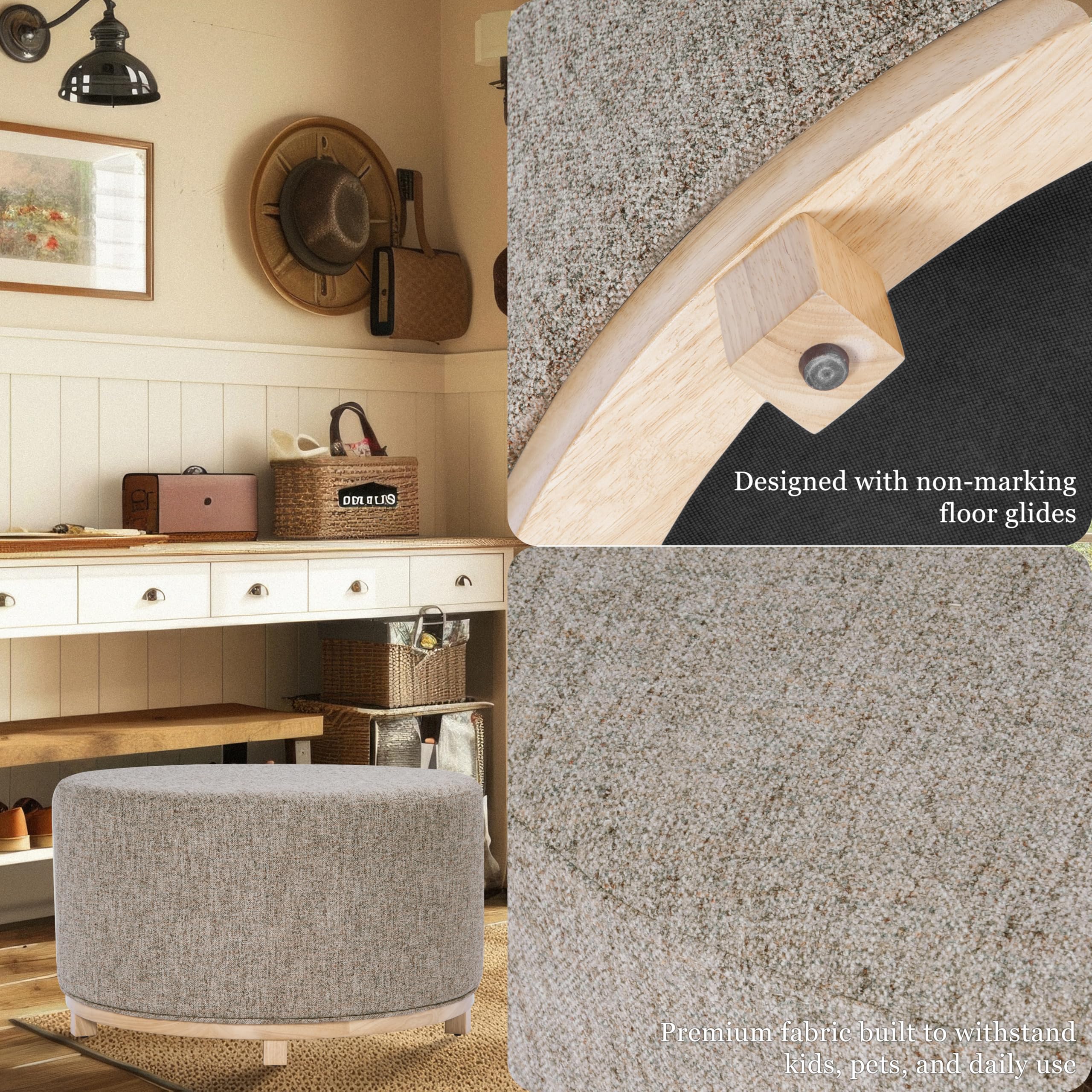 Round Upholstered Ottoman with Wood Base