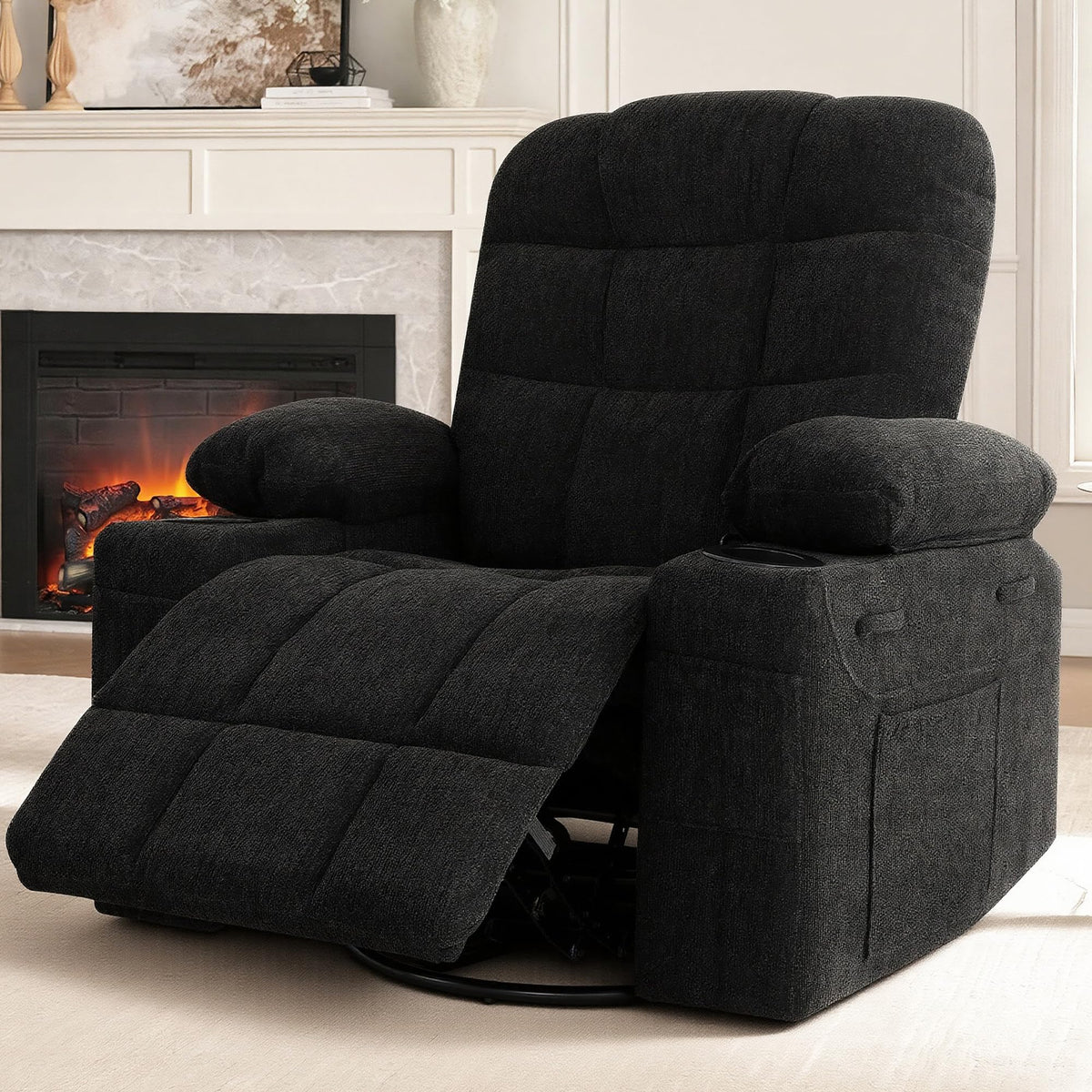 Black Chenille Swivel Rocker Recliner