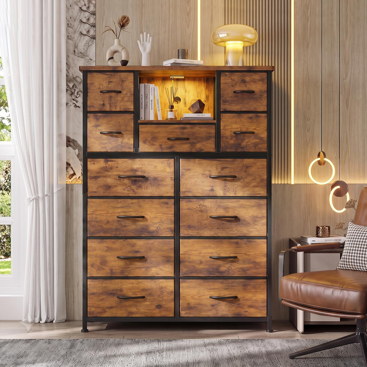 Bepatio Dresser for Bedroom, Charge-Station, LED Light and 13-Drawer, Brown