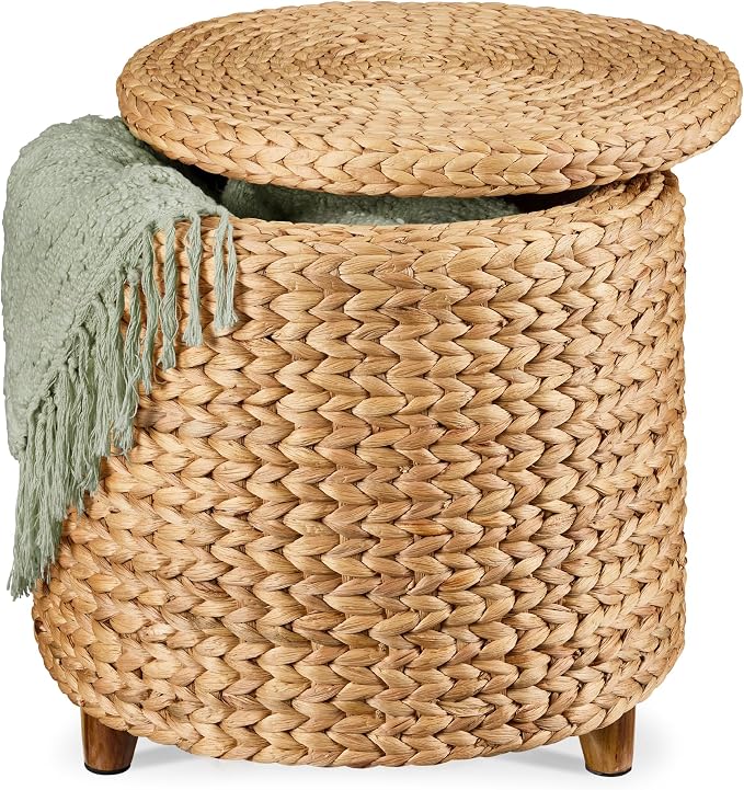 Round Water Hyacinth Storage Ottoman