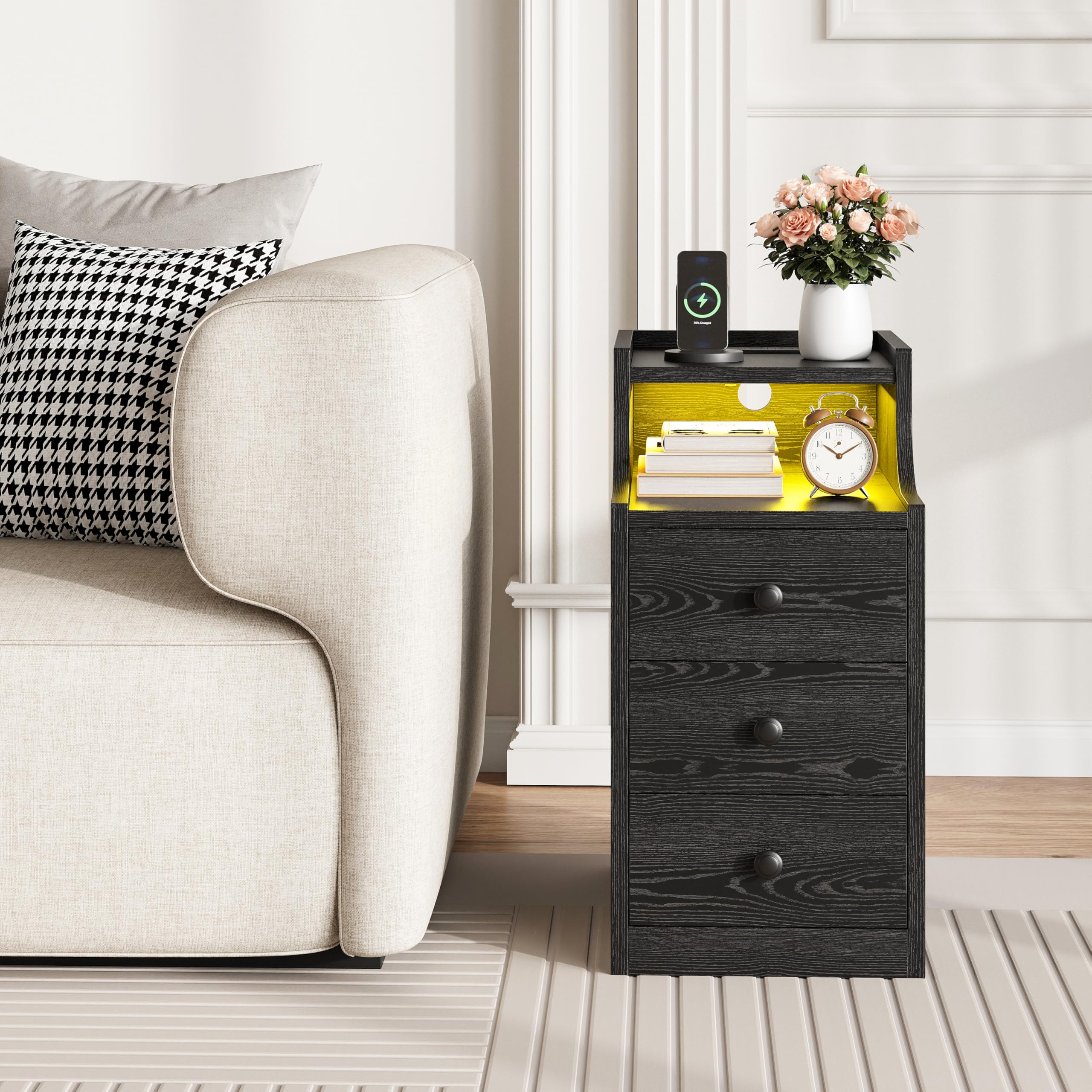 Nightstand with Charging Station, RGB LED Lights & 3 Drawers