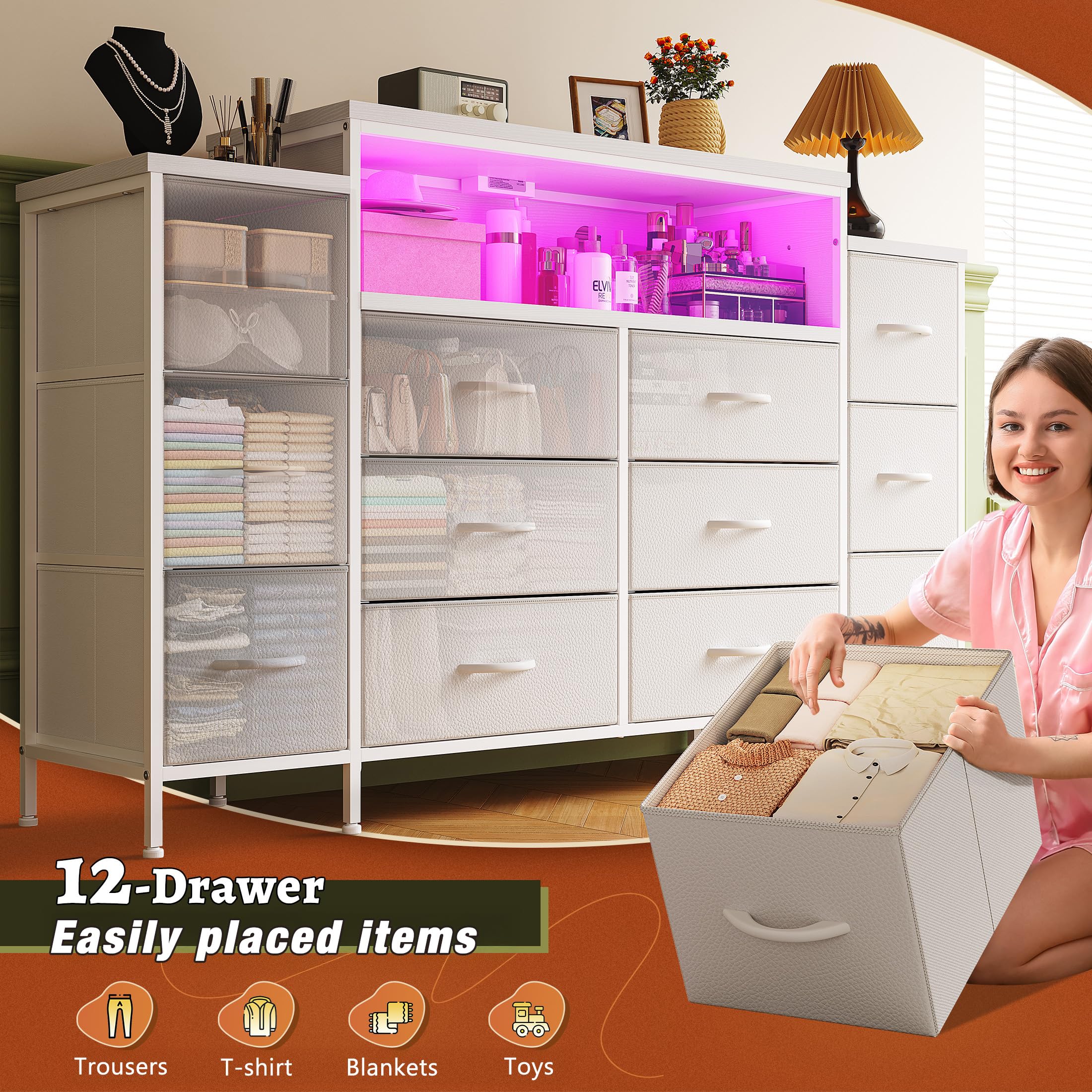 EnHomee 55" W Dresser for Bedroom with LED Lights & Charging Station 12 Drawer Dressers & Chests of Drawers Dresser TV Stand for Bedroom for Hanging 65" TV, Metal Frame & Fabric Drawers, White