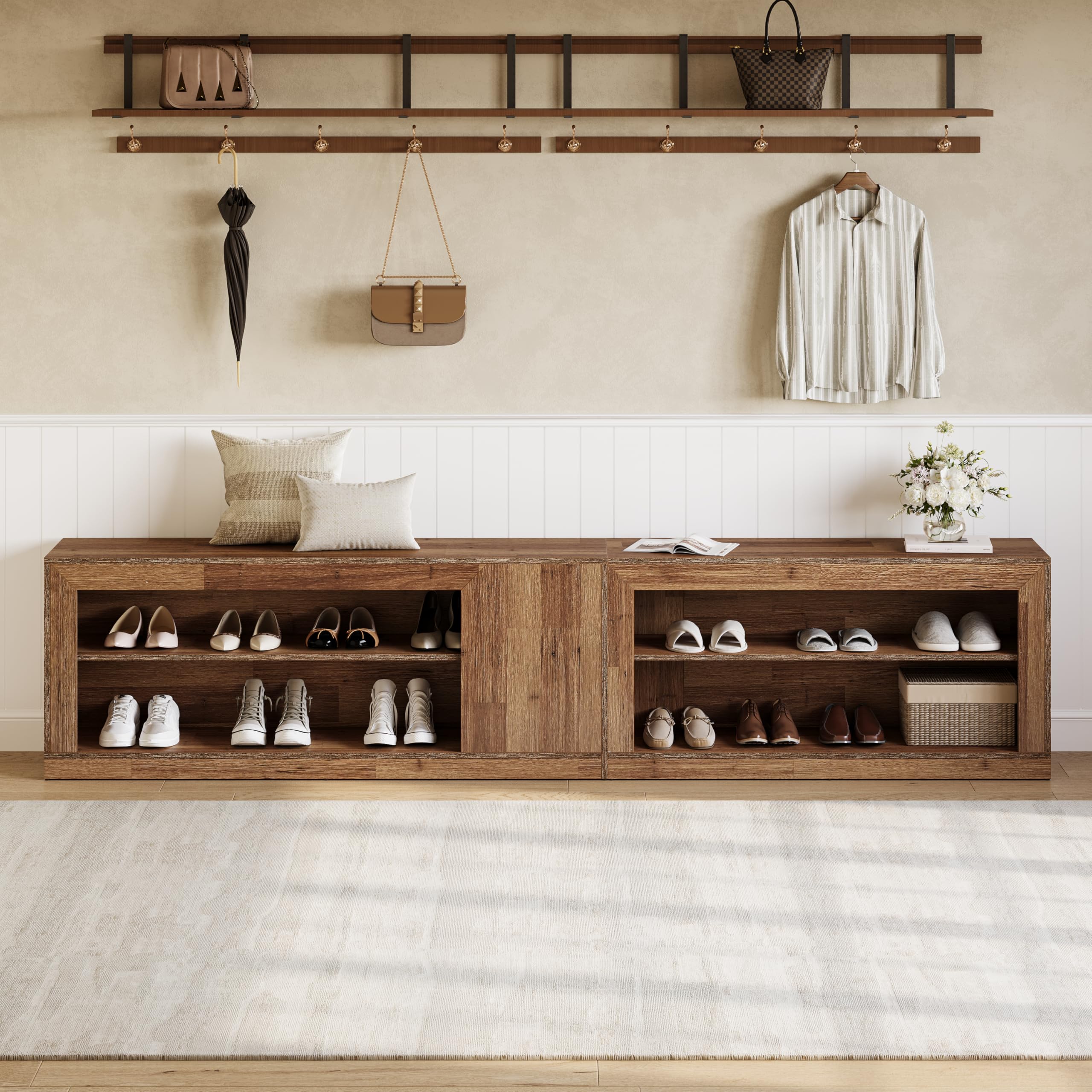 L-Shaped Corner Shoe Bench with Open Storage Shelves