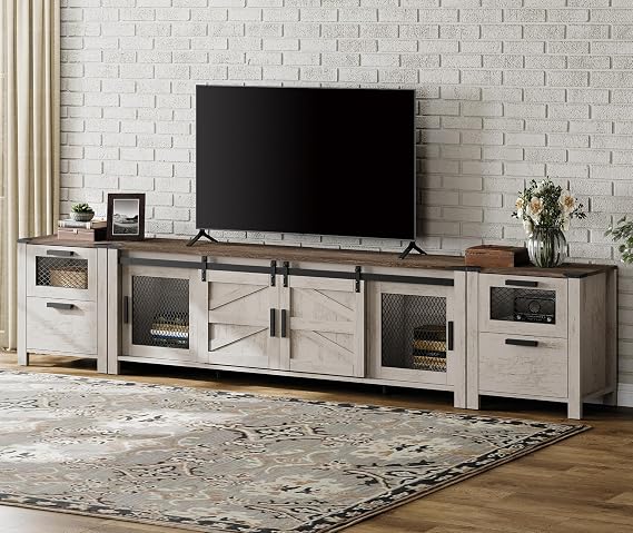 3-in-1 Farmhouse TV Stand with Charging Station – Fits 85" TV