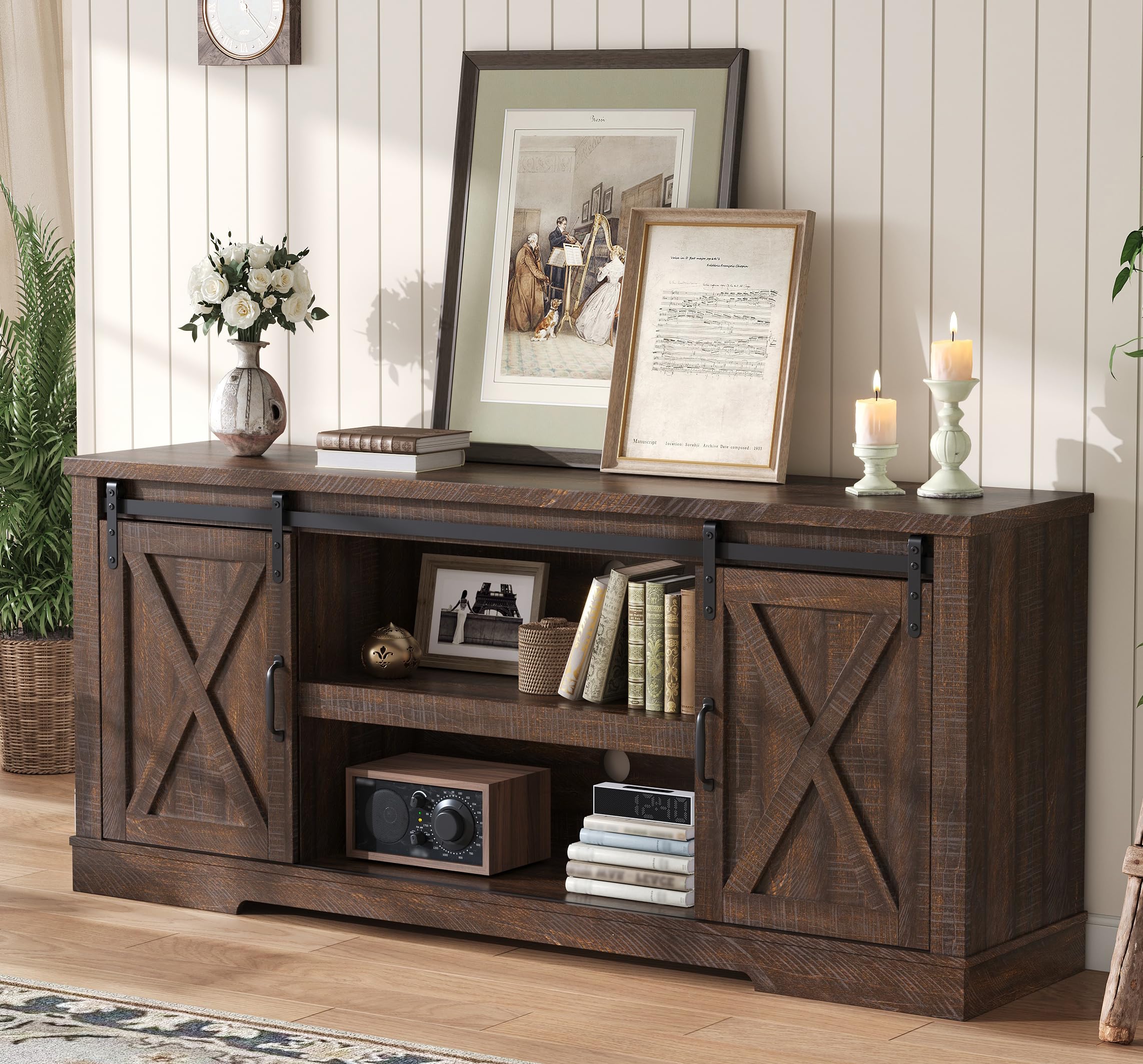 66" Farmhouse TV Stand with Sliding Barn Door