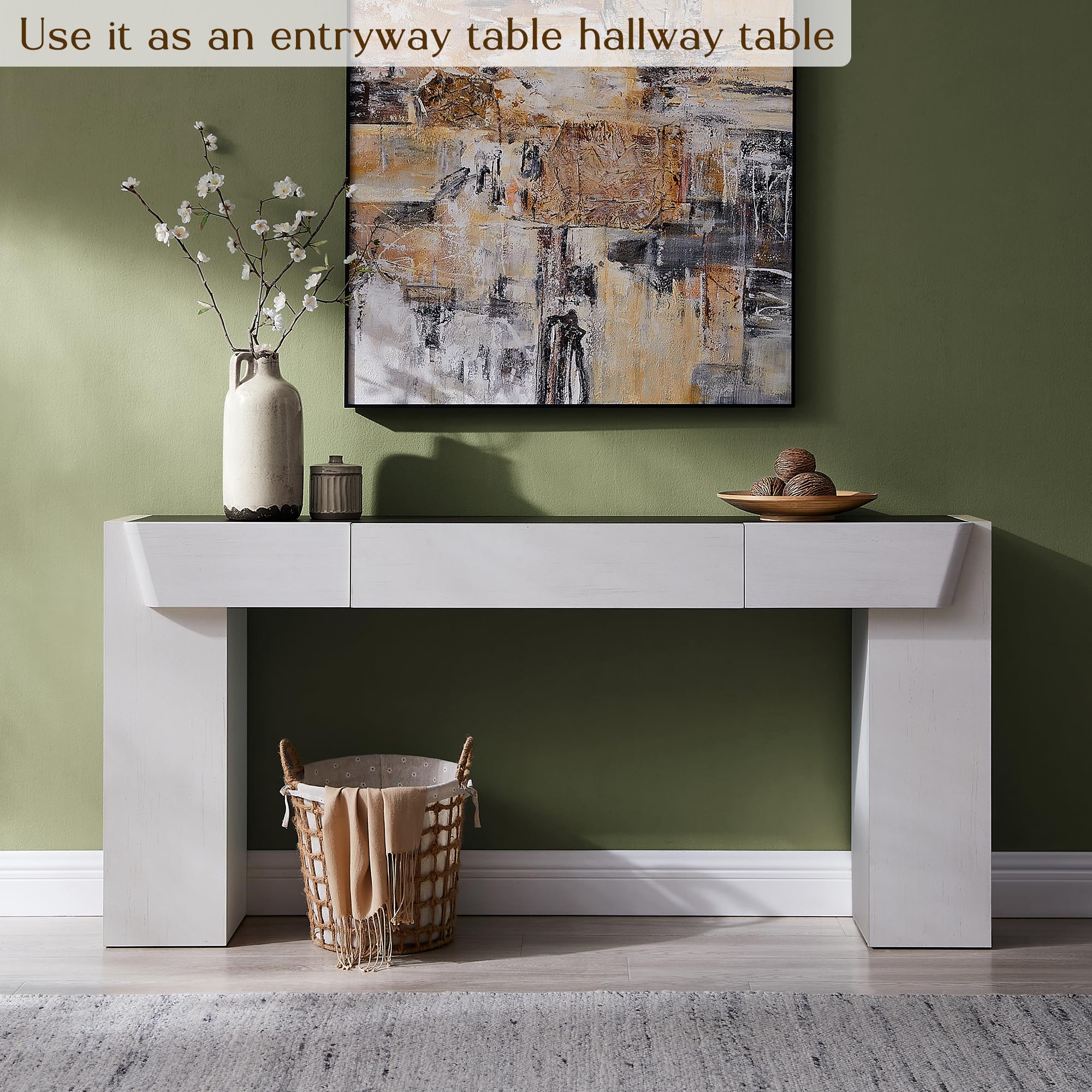 JXQTLINGMU 63" Long Wood Console Table with Storage Drawer, Modern Entryway Table, Sofa Table Behind Couch, Farmhouse Console Tables for Entryway Hallway Living Room, White