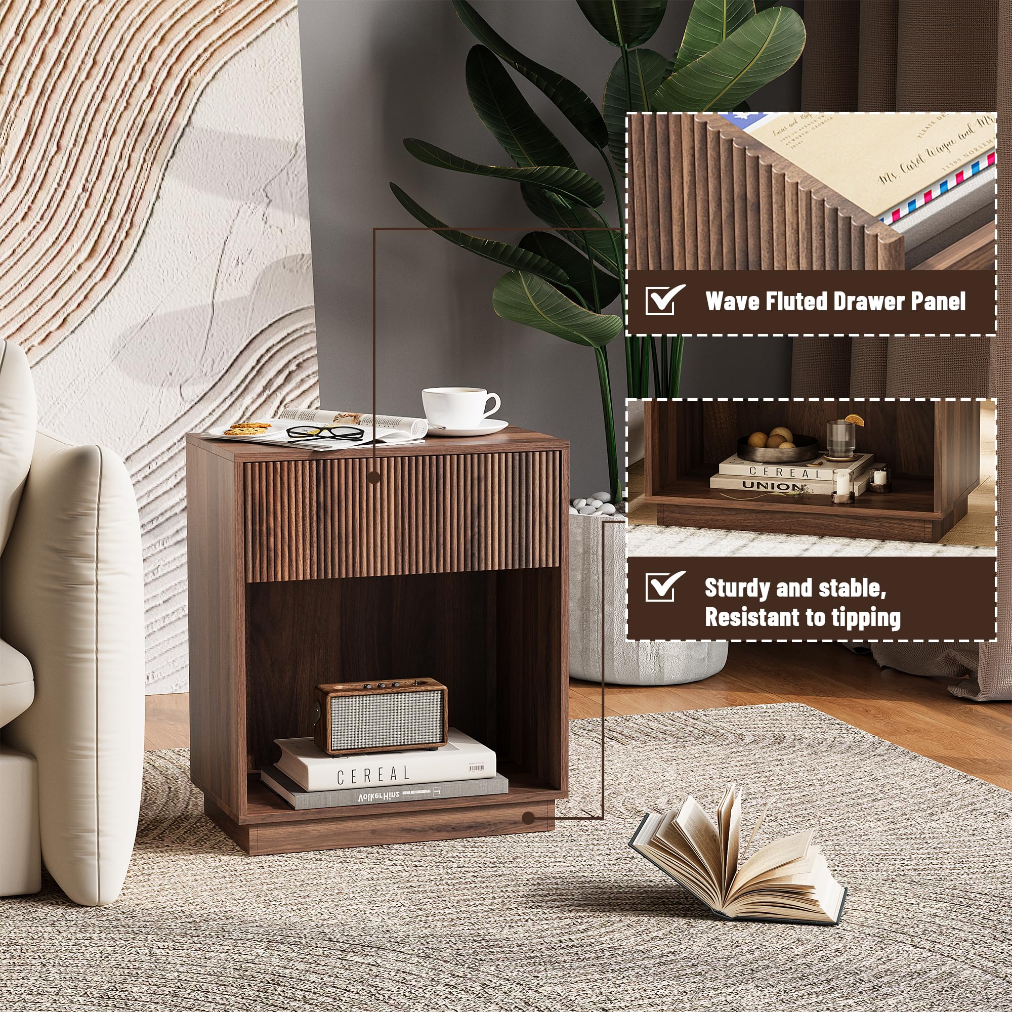 Nightstand Set of 2 with Drawer & Open Shelf