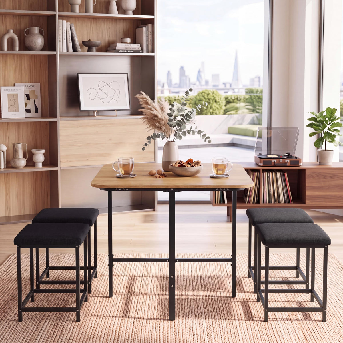 COSTWAY Dining Table Set for 4, Kitchen Table with Stools (Natural & Black)