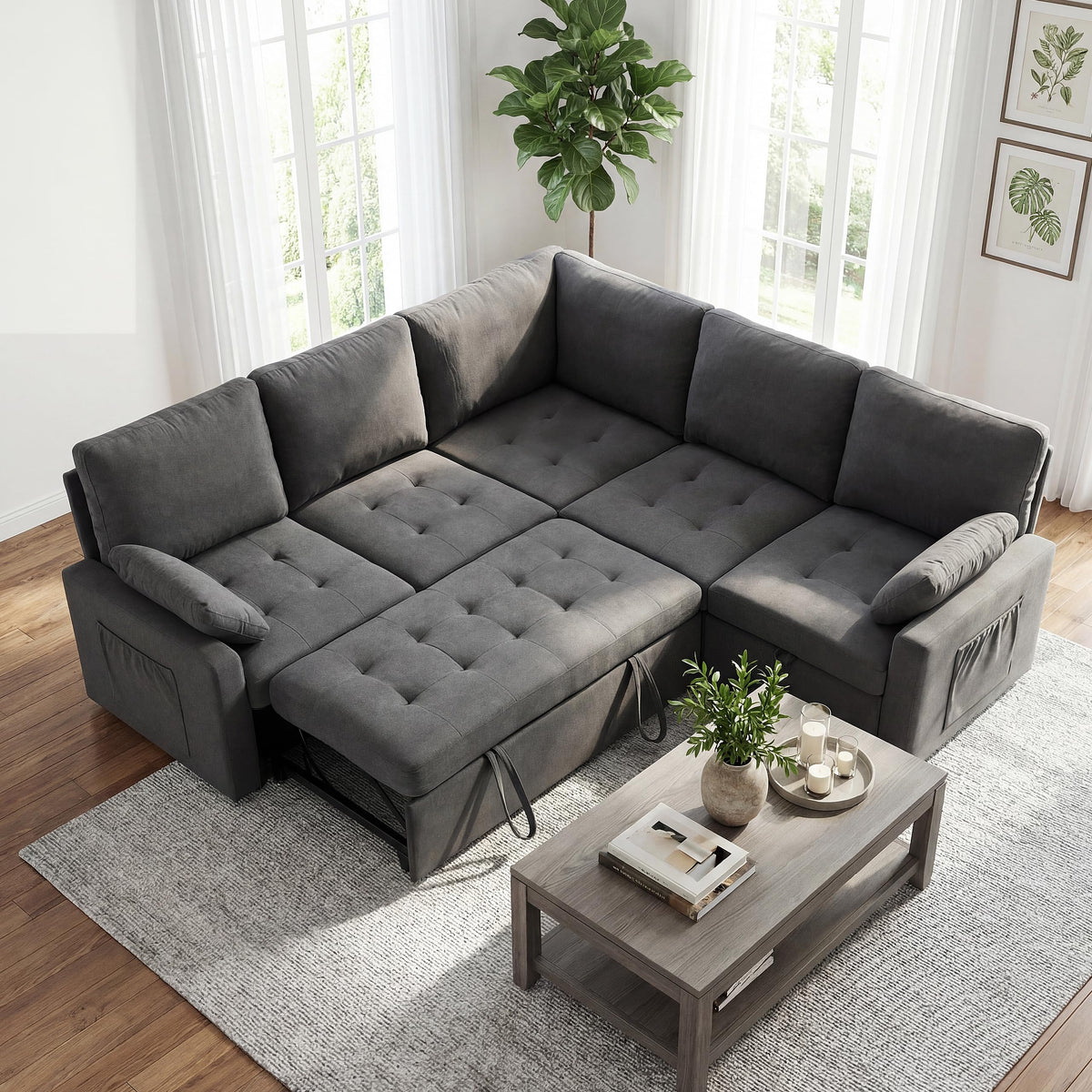 Huatean Home 82" Pull Out Couch with Storage, Sleeper Sofa, 5 Seat L Shaped Sectional Couches for Living Room, Modular Sectional Couch with Removable Covers, Dark Grey